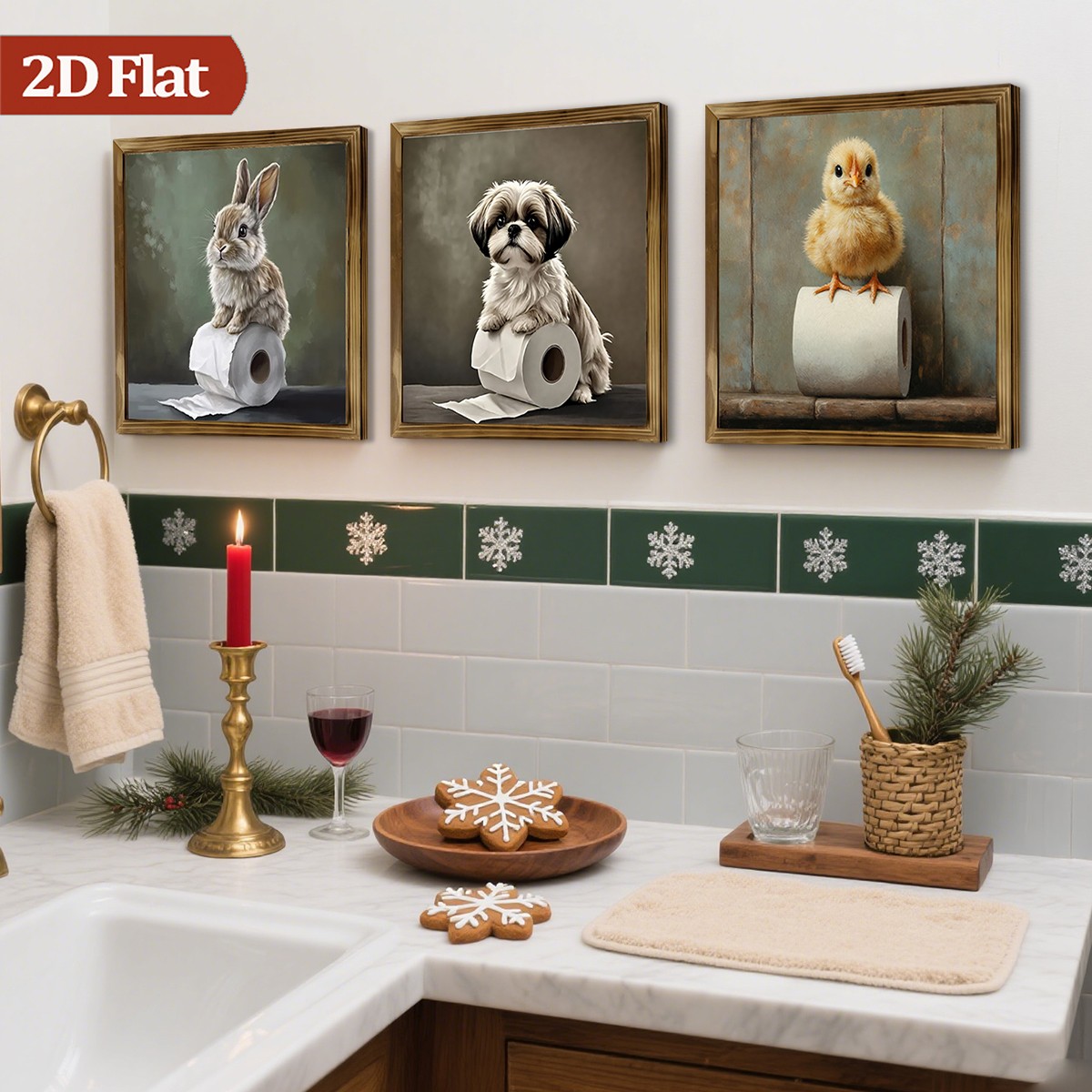 3Pcs Rustic Puppy Bunny Duck Toilet Paper Wooden Sign Framed Farmhouse Decor