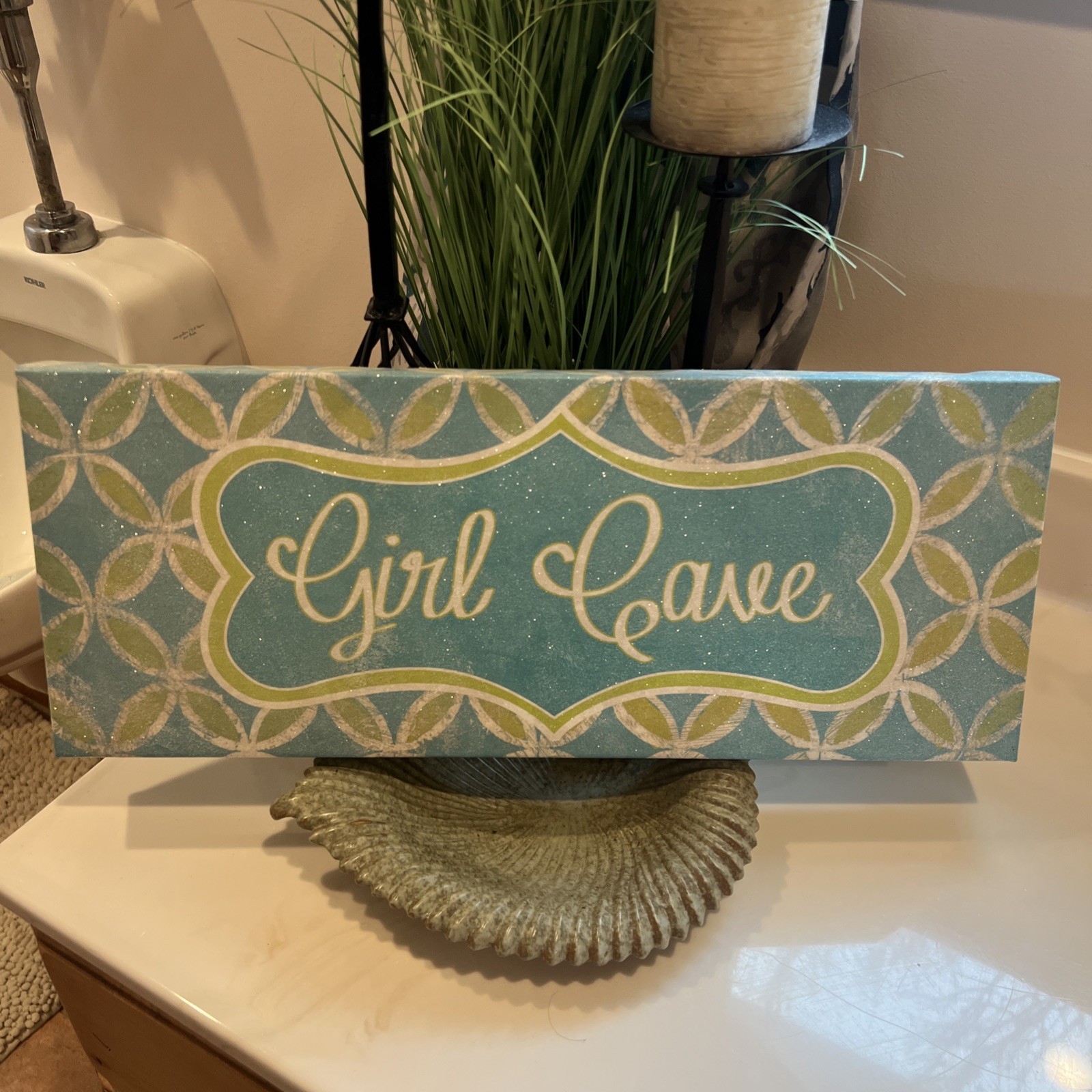 “Girl Cave” turquoise blue canvas art sign with A Pretty border design 20×8