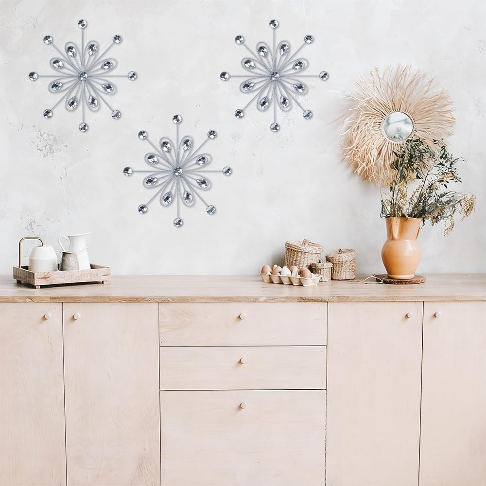 3pcs Silver Metal Flower Wall Art – Jeweled Crystal Decor for Indoor/Outdoor, Li