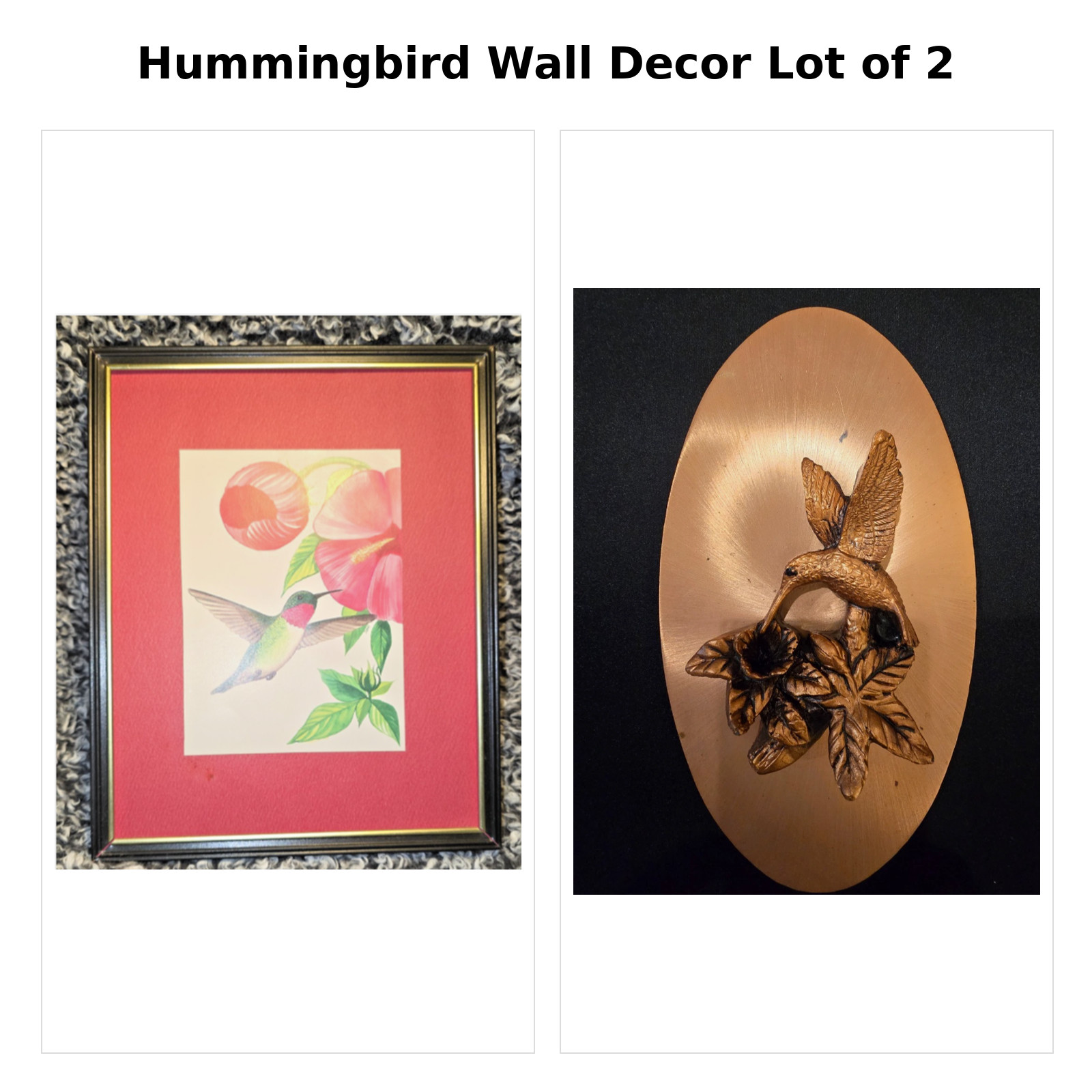 Vintage Hummingbird Wall Decor Lot Framed Ruby-Throated Print Copper Tone Plaque