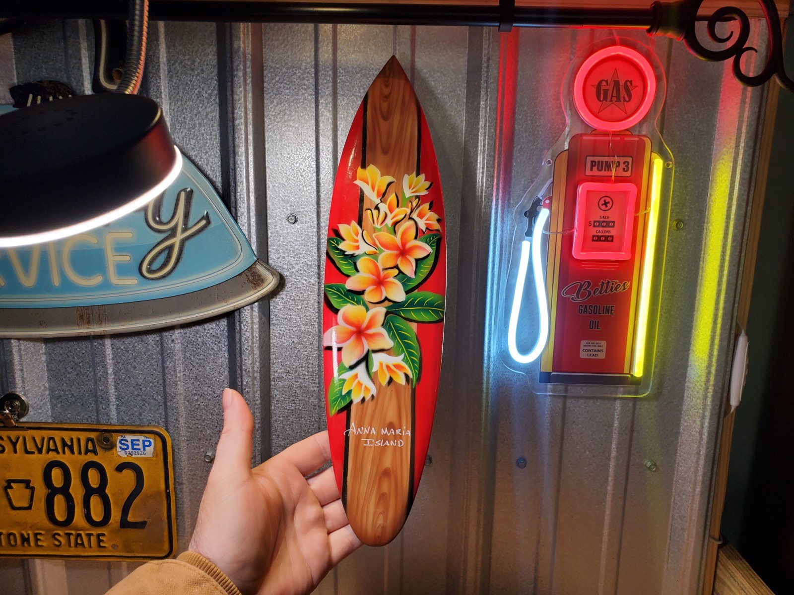 Anna Maria Island Wooden Surfboard Air Brushed Frangipani Floral Design 15-1/2″