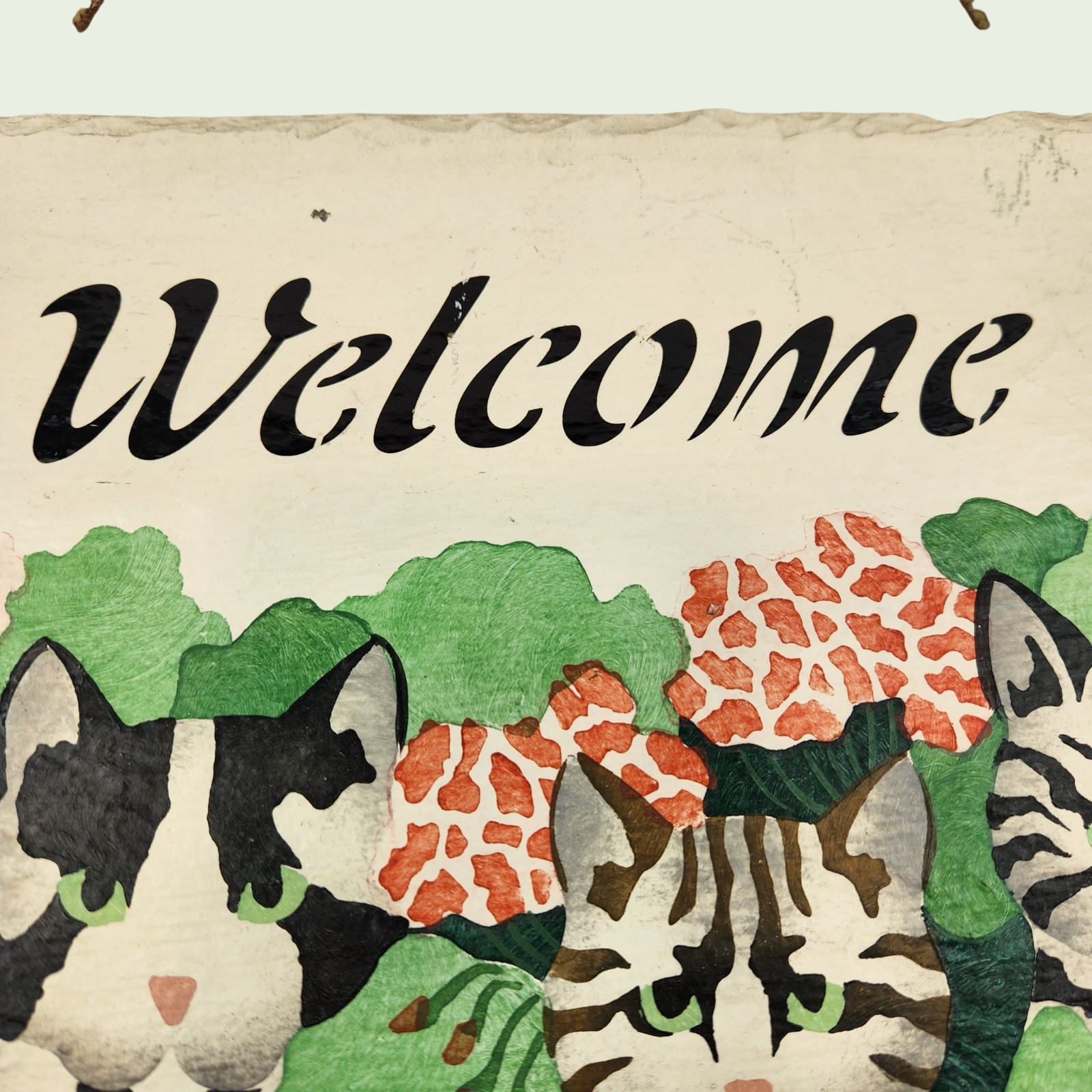 VTG ’79 Slate Cat Sign Handmade Hand‑Painted Welcome Plaque 14X7.75 Cozy Cottage