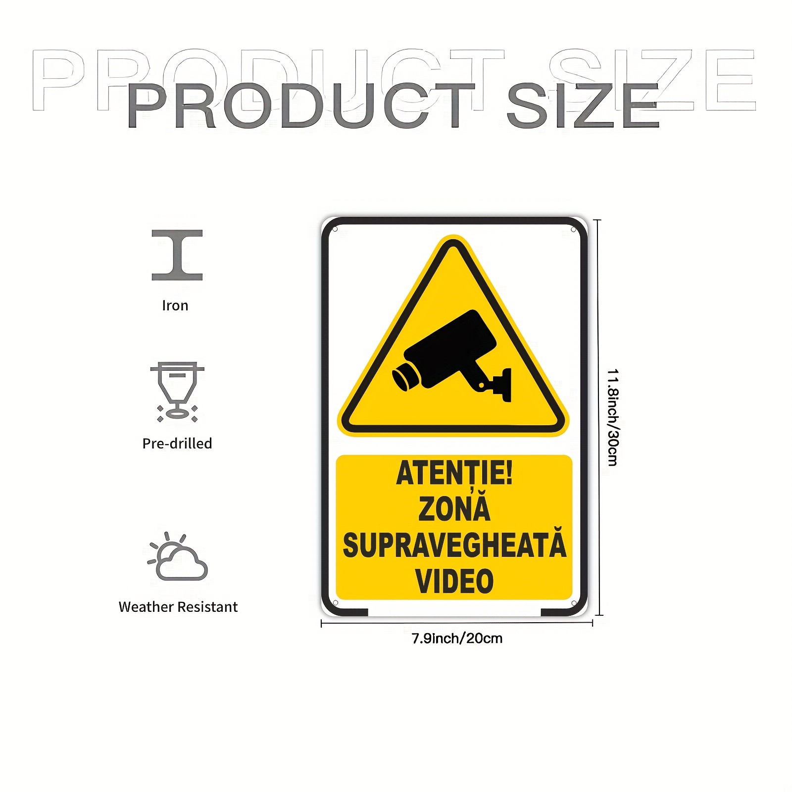 Metal Security Sign 20.32×30.48 cm Black & Yellow Caution