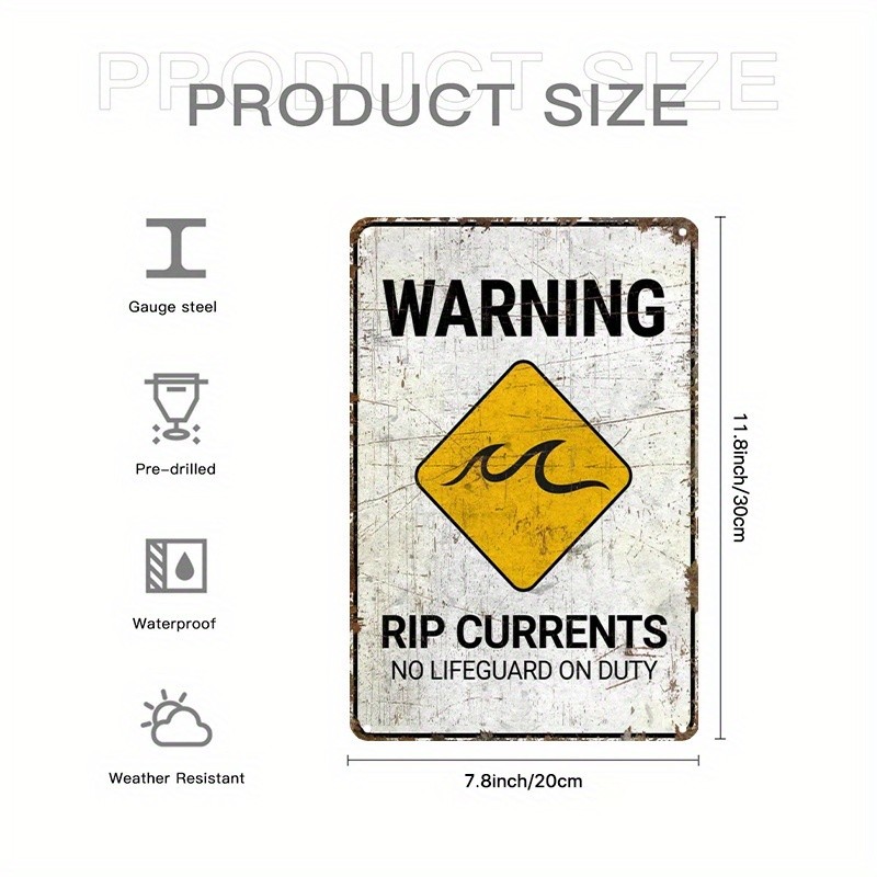 Vintage Coastal Metal Warning Plaque Rip Currents Tin Sign for Beach Bar Decor