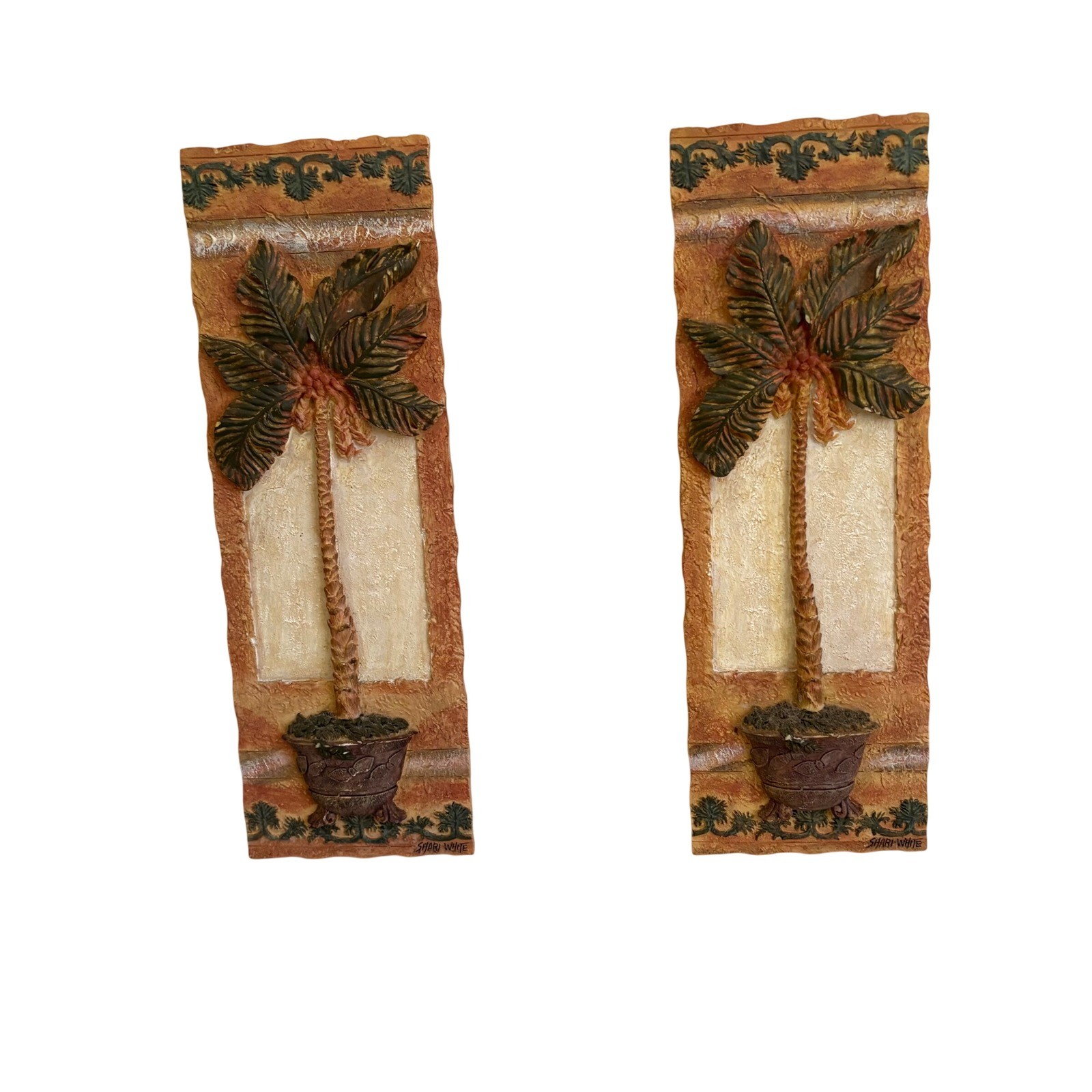 Shari White Palm Tree Wall Plaques Set of 2 Tropical 3D Relief Resin Art Decor