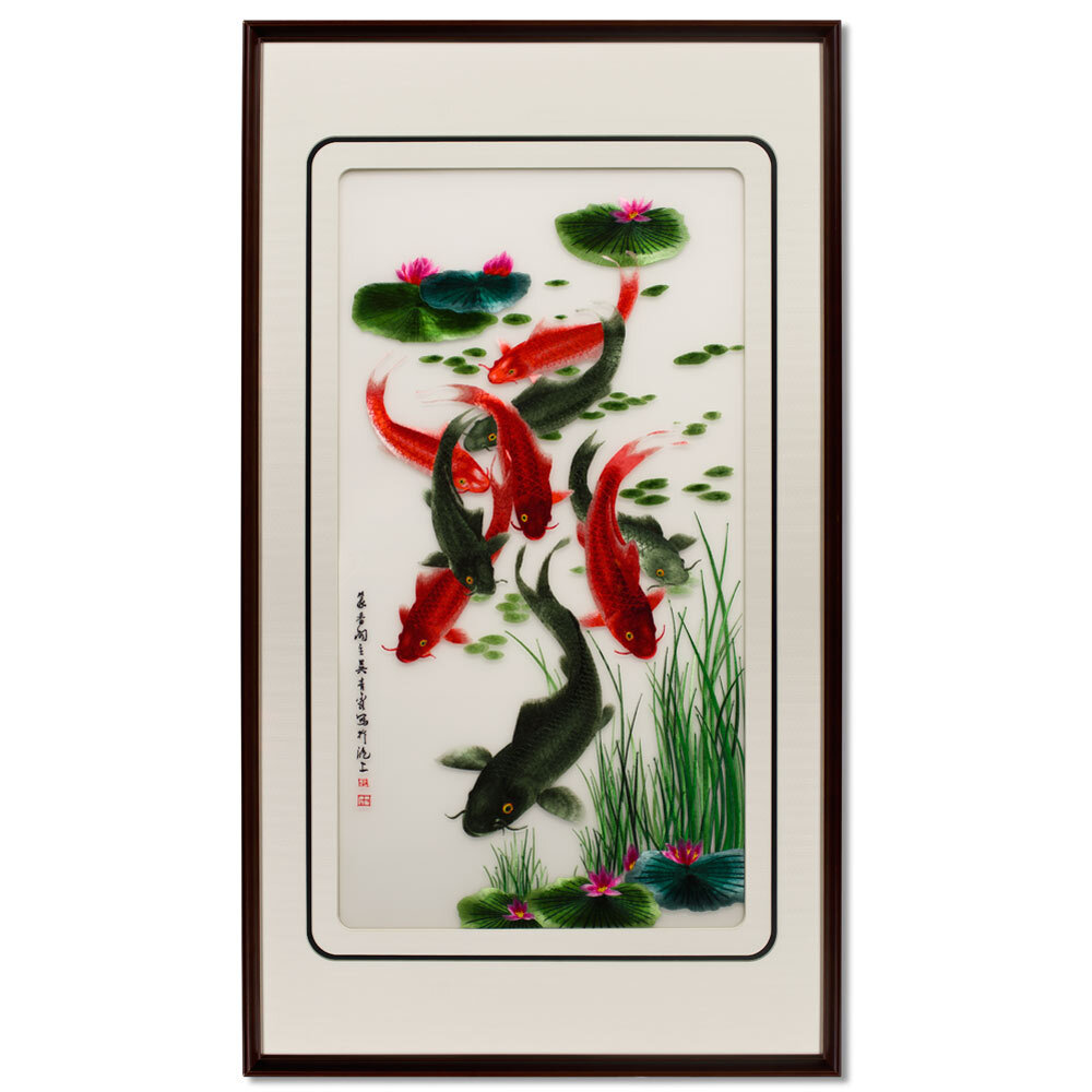 US Seller – Vertical Chinese Silk Embroidery of Nine Koi Fish and Lotus Flowers