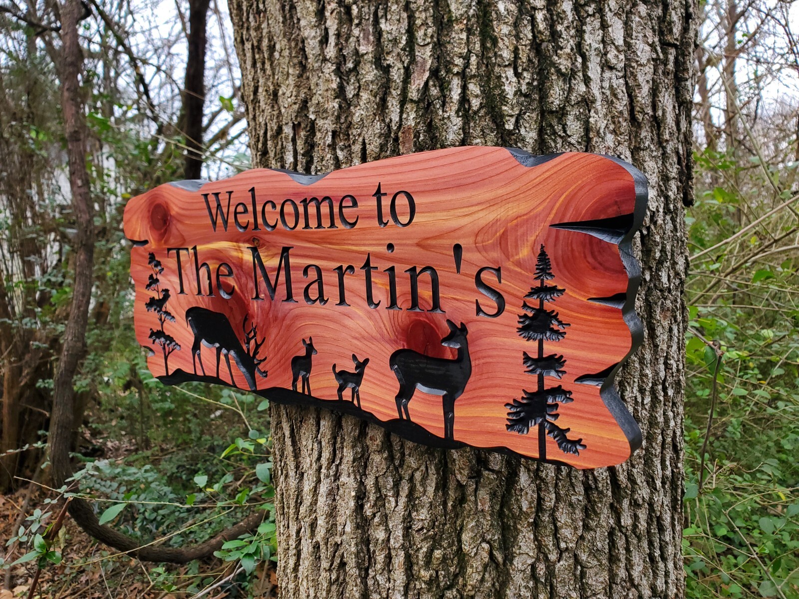 Custom Outside Family Sign Carved Wood Hanging Rustic Plaque Deer Nature Scene