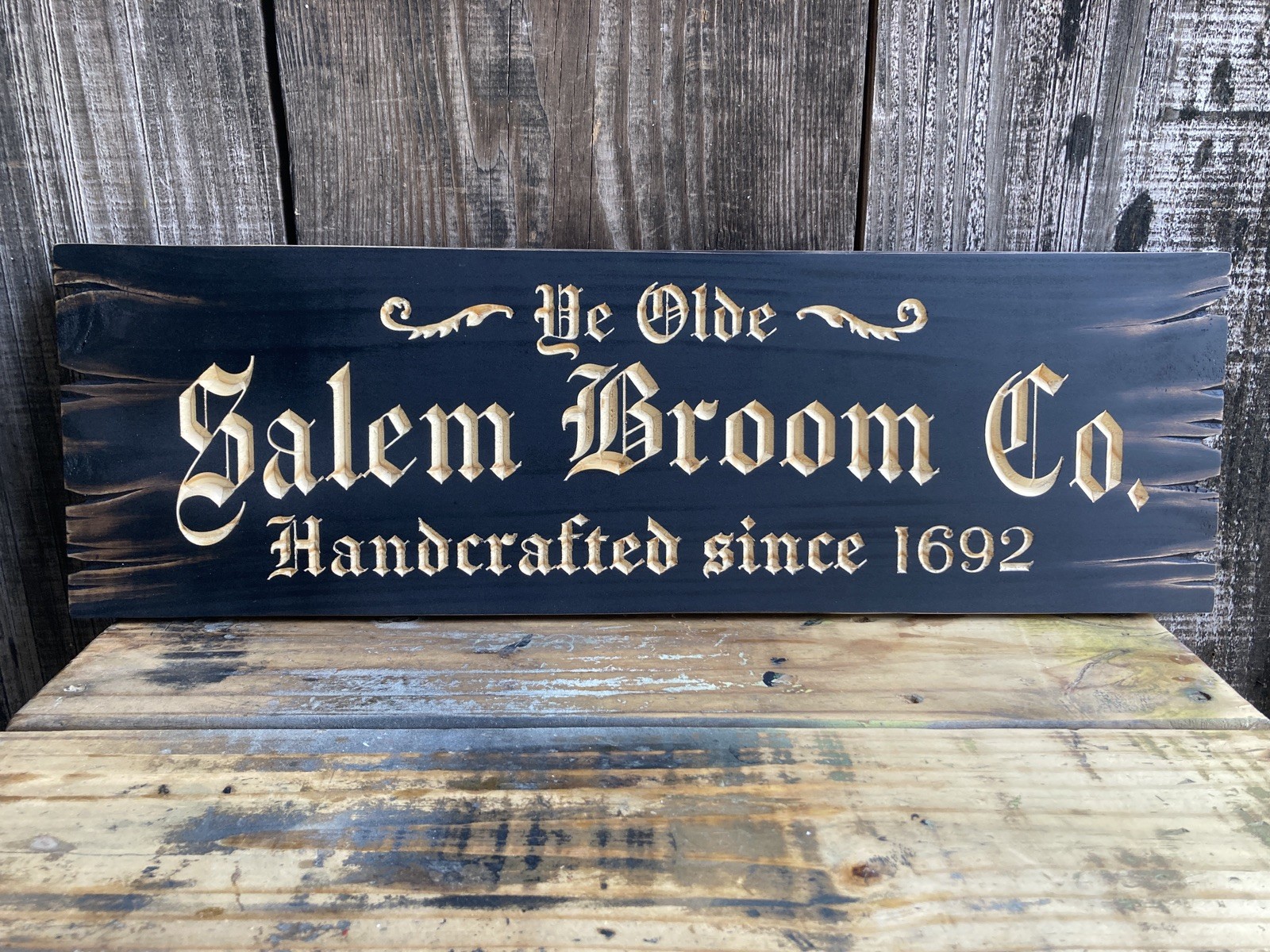 Halloween Salem Witch Broom Wooden Sign Carved Rustic Antique Look