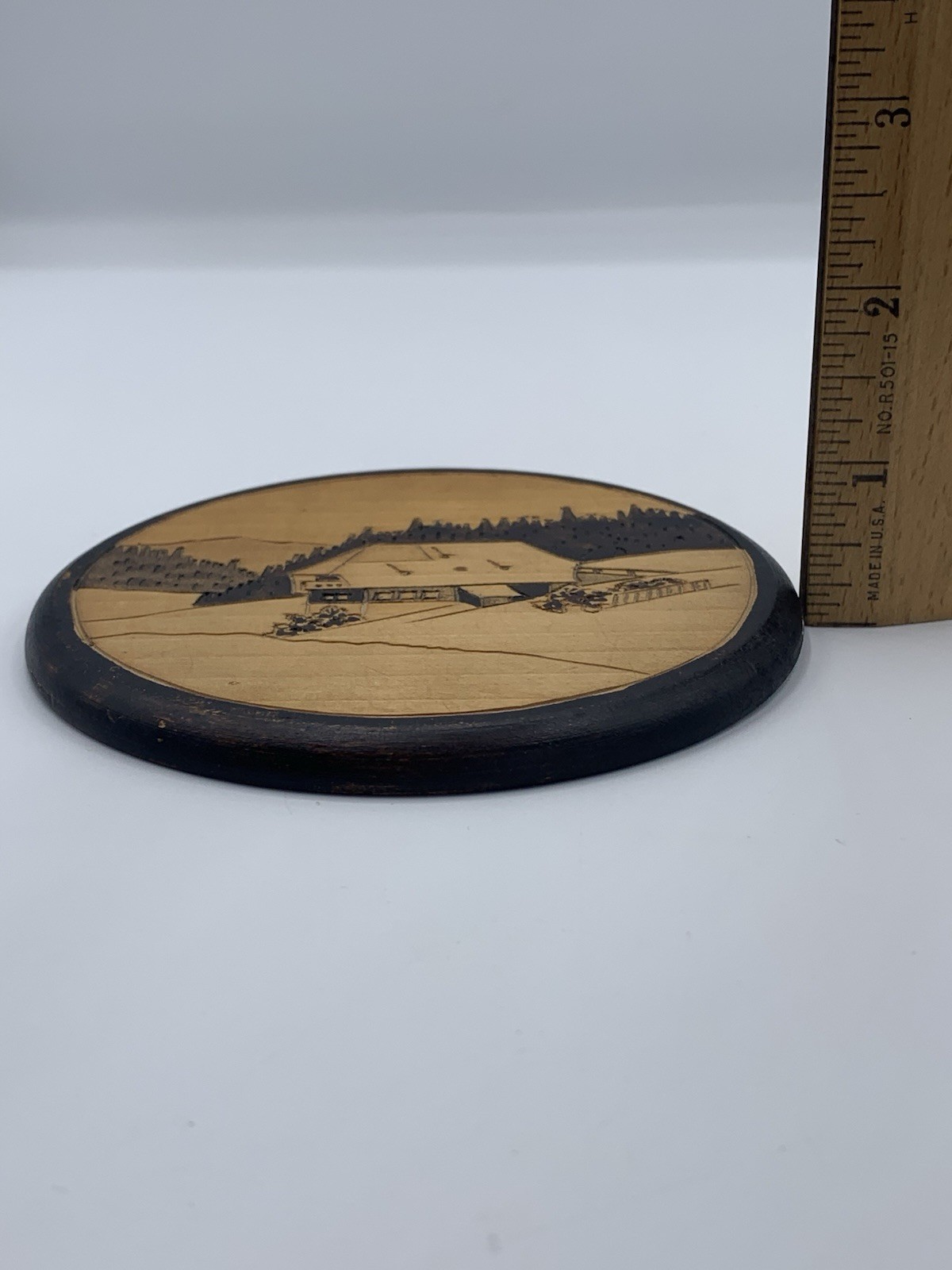 Vintage Inlay Wall Art Handmade Wood Round Country Hillside Scenery