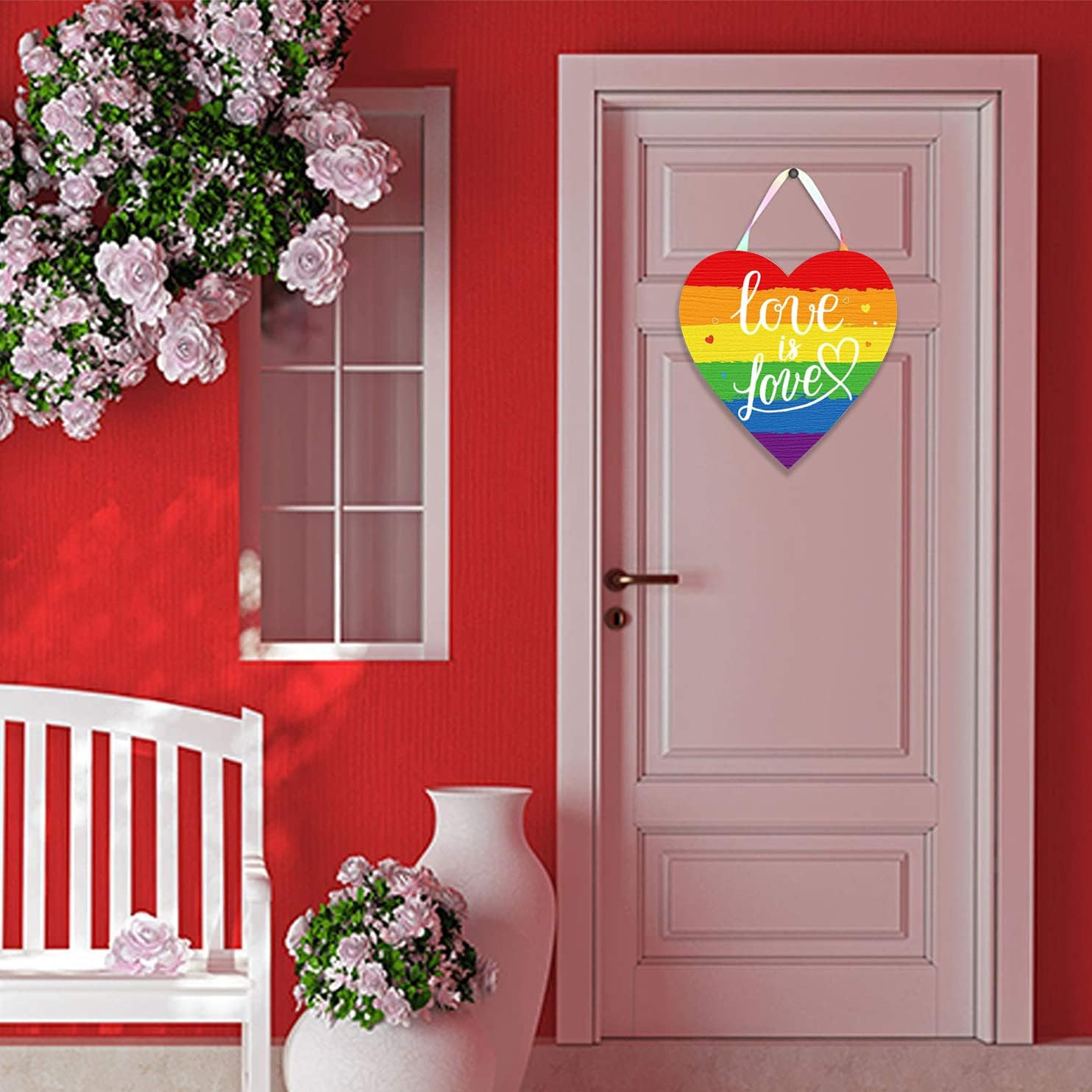 Pride Rainbow Wooden Door Sign Love Is Love Wall Hanging Home Decor 12×12 Inch