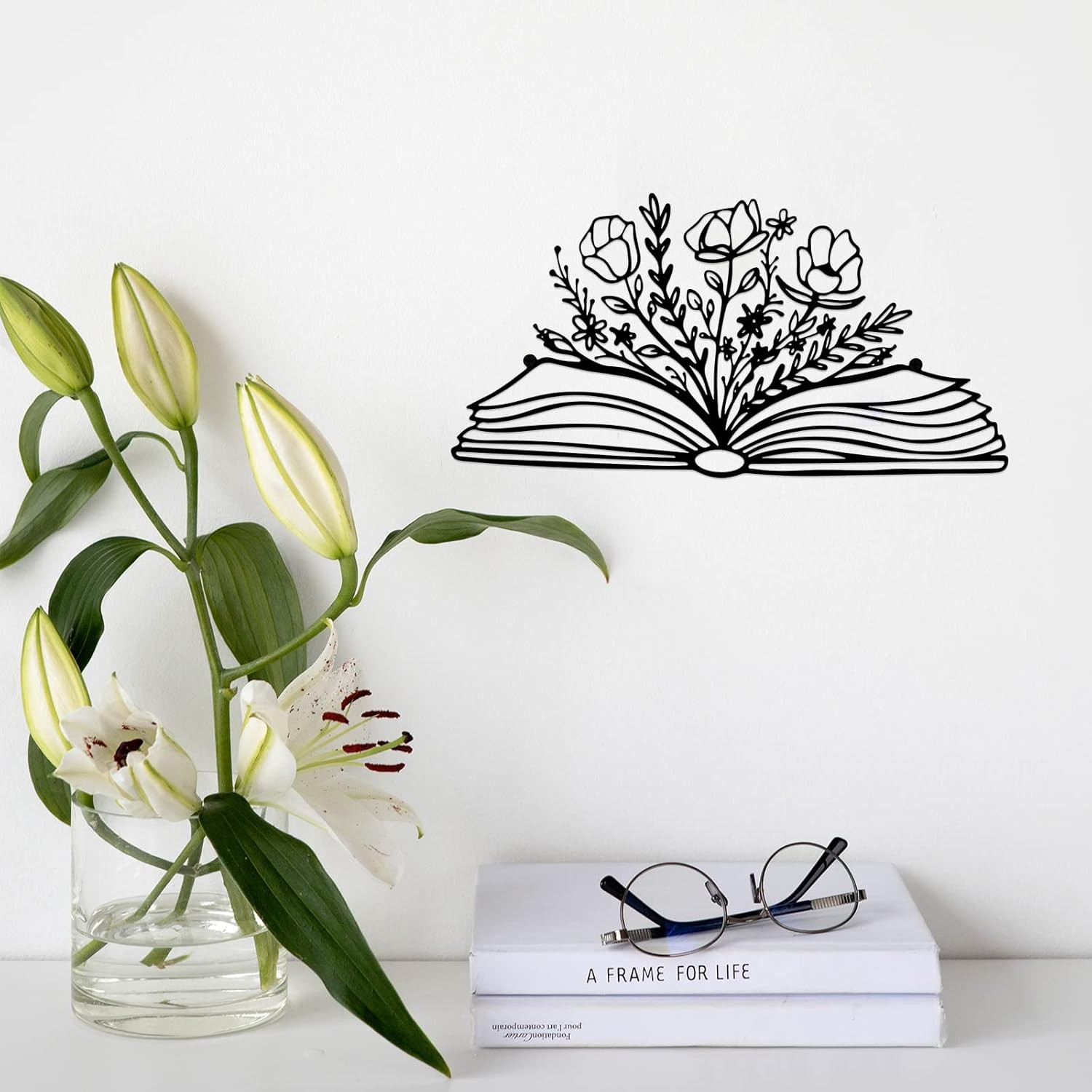 14 x 7 Inch Reading Sign Decorations Book Lover Black Metal Book Flower Wall Art