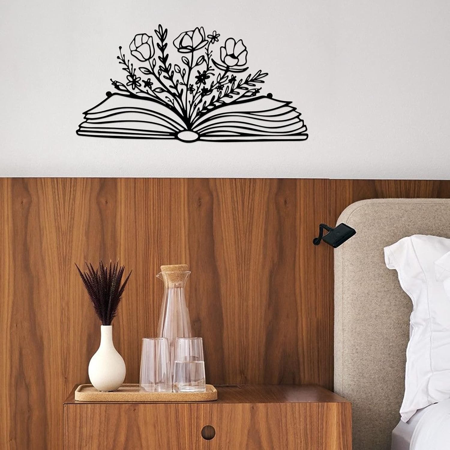 14 x 7 Inch Reading Sign Decorations Book Lover Black Metal Book Flower Wall Art