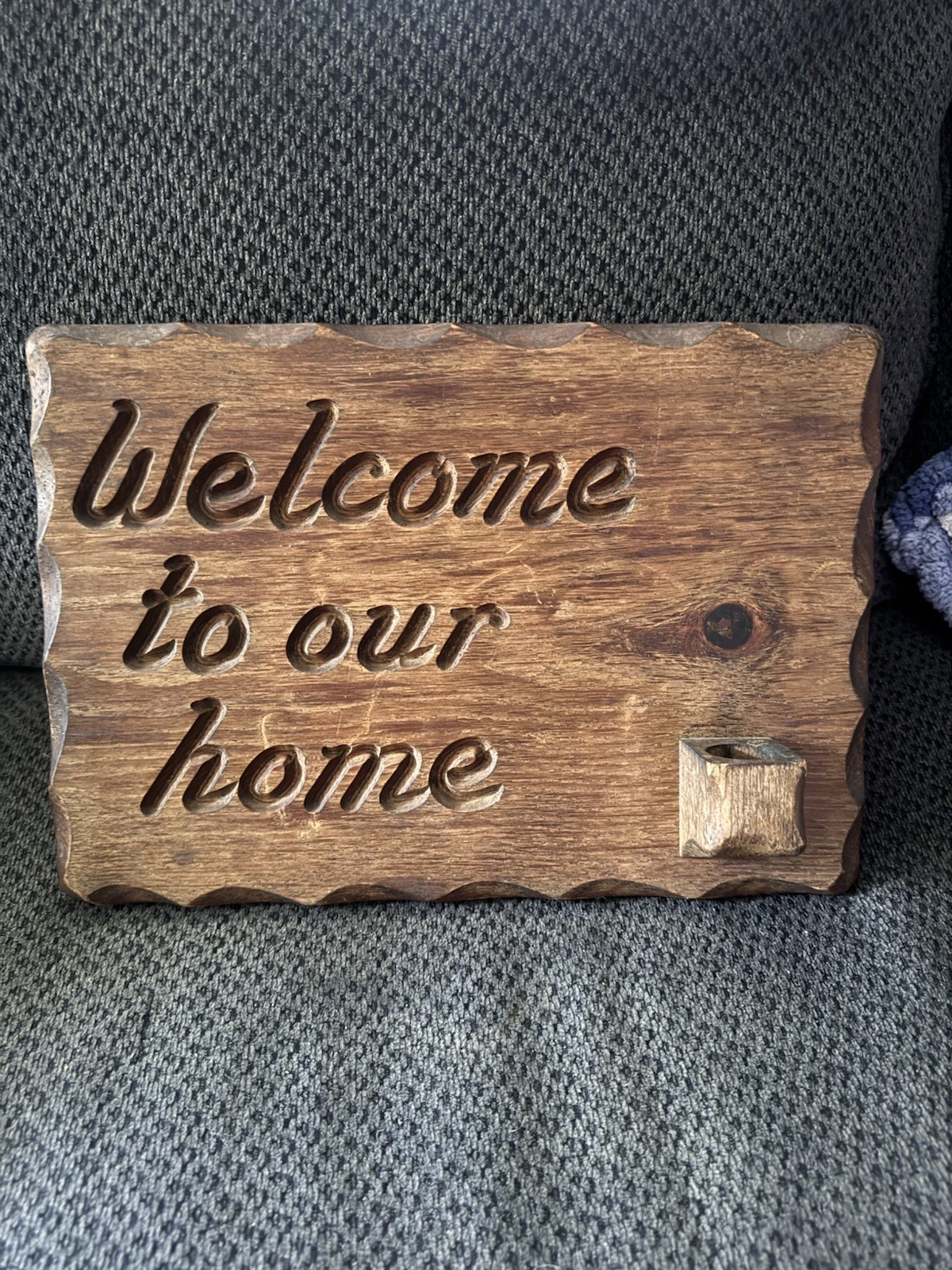 Engraved Wood Wall Plaque Sign “Welcome to our home” Rectangular Brown