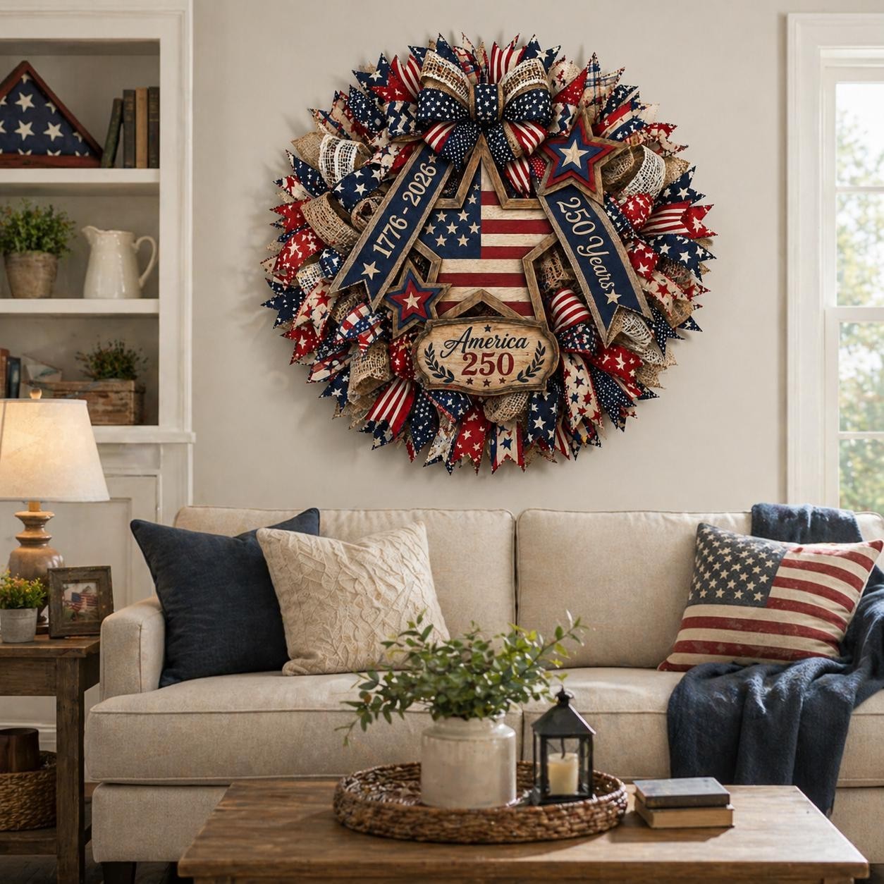 America 250th Years Wooden Wreath, Patriotic Eagle Door Sign Plaque