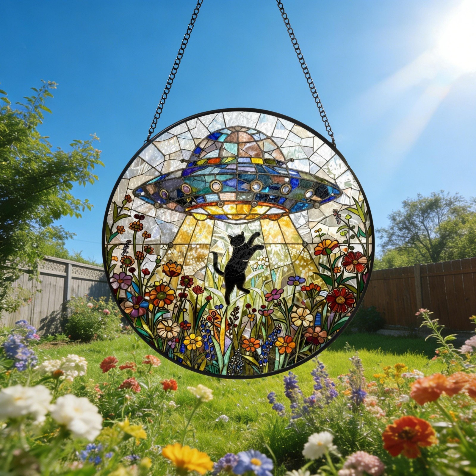 UFO Abduction Black Cat Suncatcher – Custom Alien Spaceship Window Decor