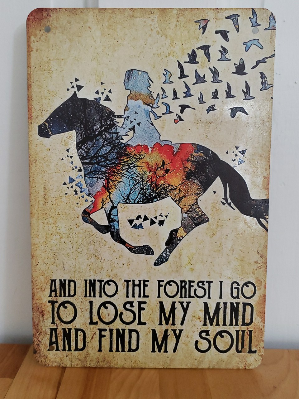 Retro Metal Sign Riding A Horse Into The Forest 12 X 8 Inches