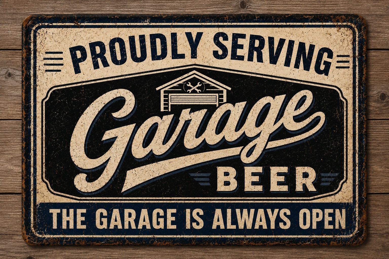 Garage Beer Tin Bar Sign Proudly Serving The Garage is Always Open 12 X 8