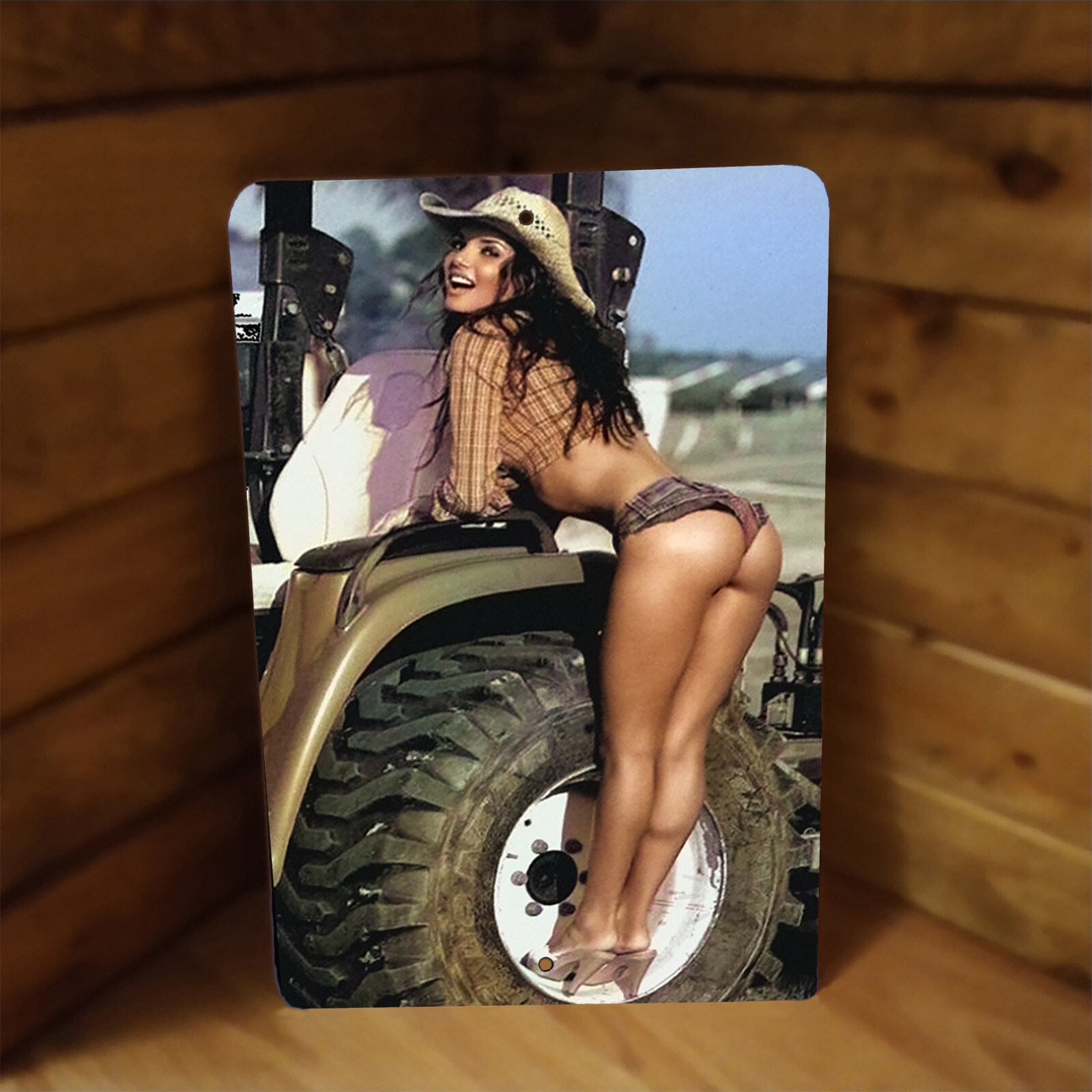 She Thinks My Tractor’s Sexy Metal Pinup Poster Woman in Cowboy Hat, Daisy Dukes