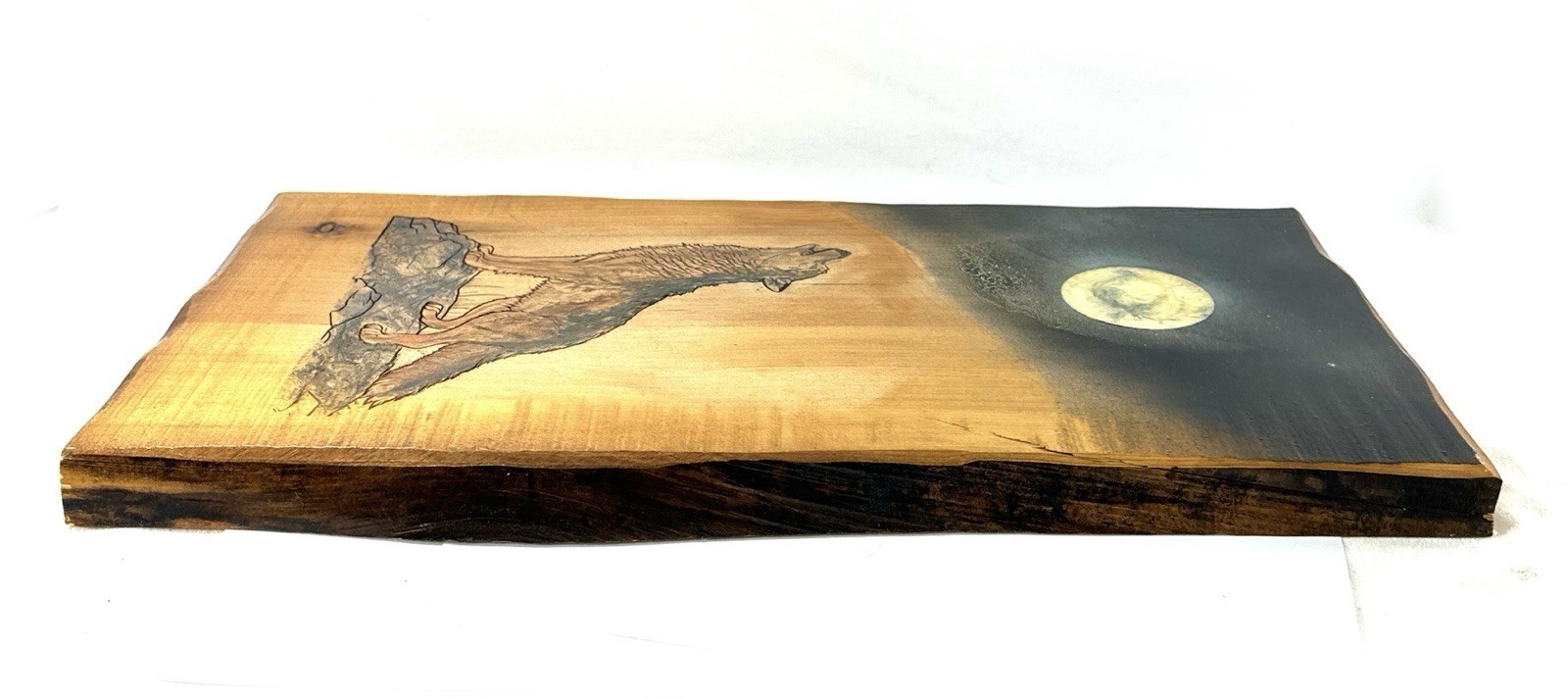 Handmade Live Edge Wood Wall Art Engraved Howling Wolf Moon Rustic Cabin Decor