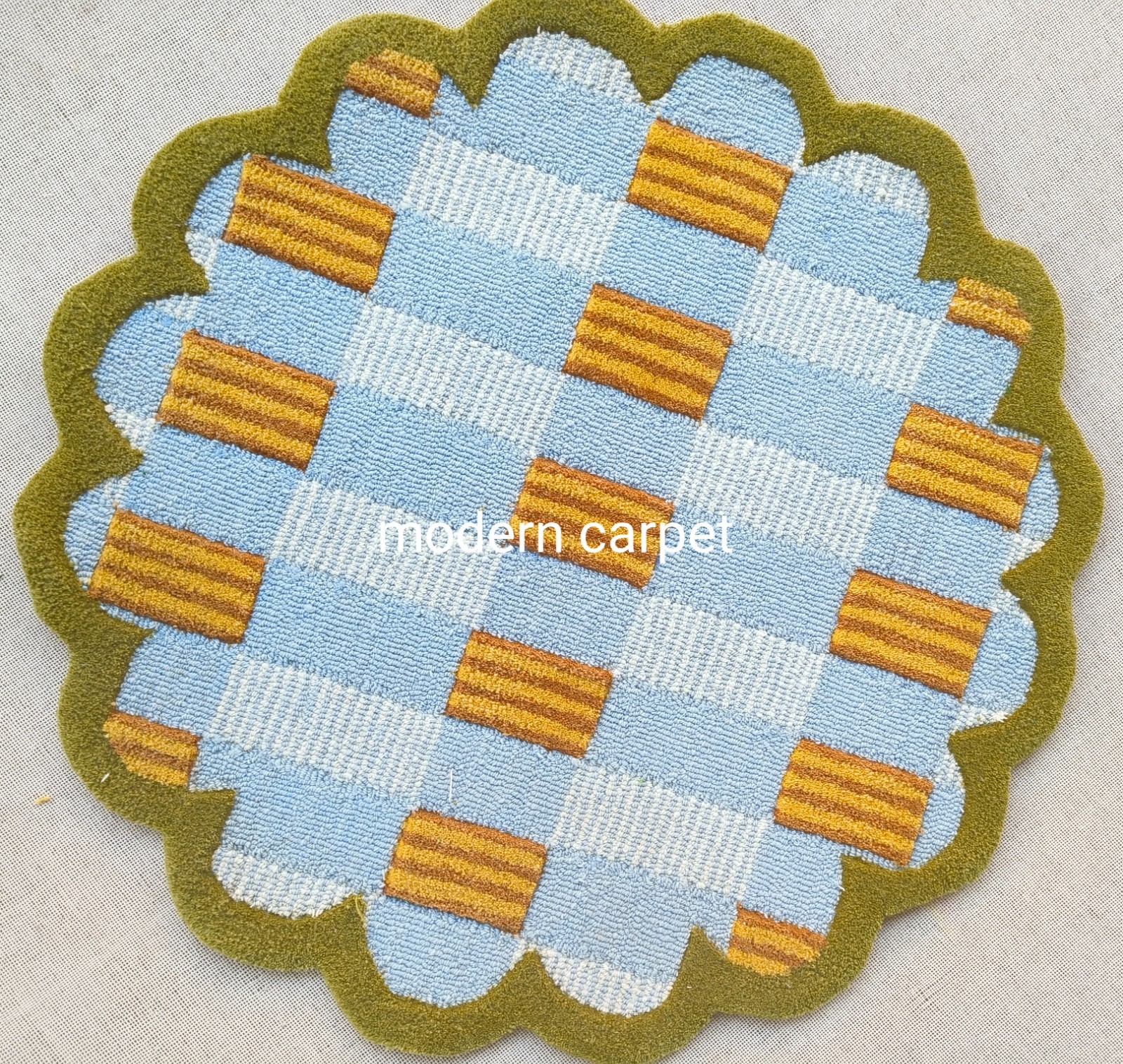Handmade Wool Tufted Rug Mustard Blue | Modern Geometric Carpet Cozy Home Decors