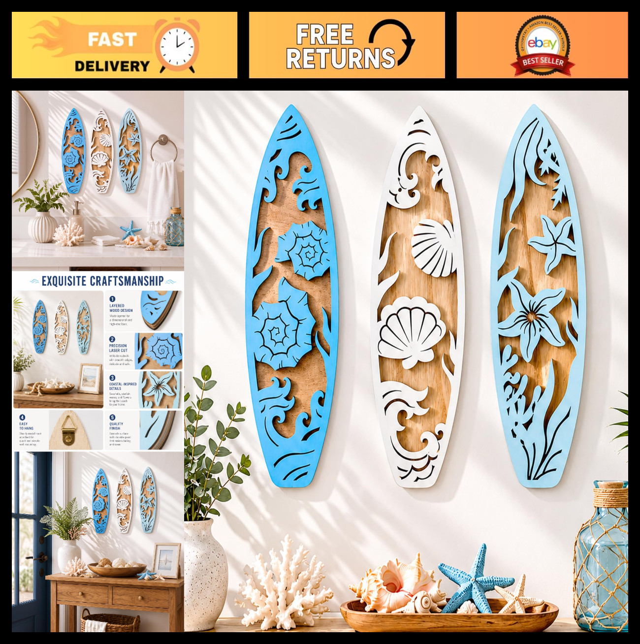 3 Pcs Ocean Beach Surfboard Wall Decor – Coastal Wooden Hanging Sign Set, Nautic