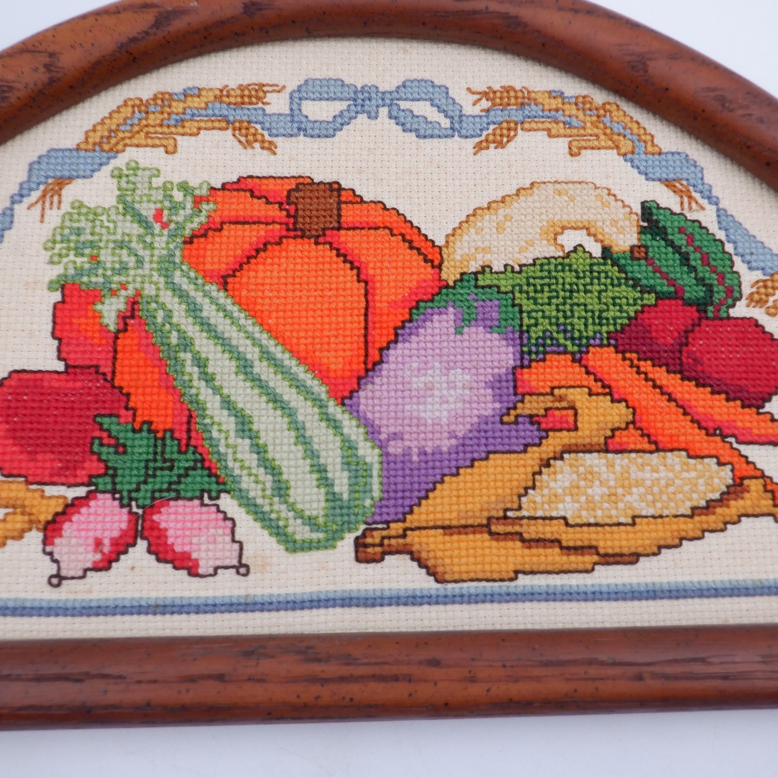 RARE 1980s Embroidered Bless This Food Sign Cross Stitch Multicolor Framed