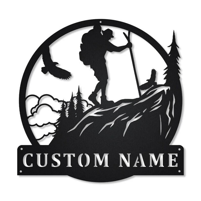 Personalized Mountain Hiking Metal Sign Custom Name Monogram Adventure Wall Art