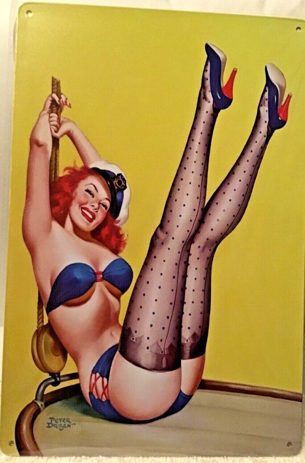 8×12 Tin Sign Sexy Girl boat Bikini stockings high heels ocean Nautical K21/24