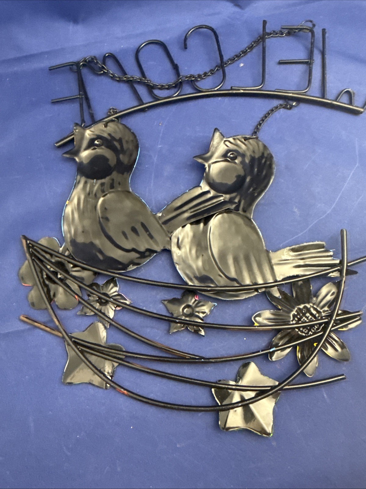 Vintage Metal Hand-Painted Welcome Bluebird Chicks Sunflower Flowers Sign