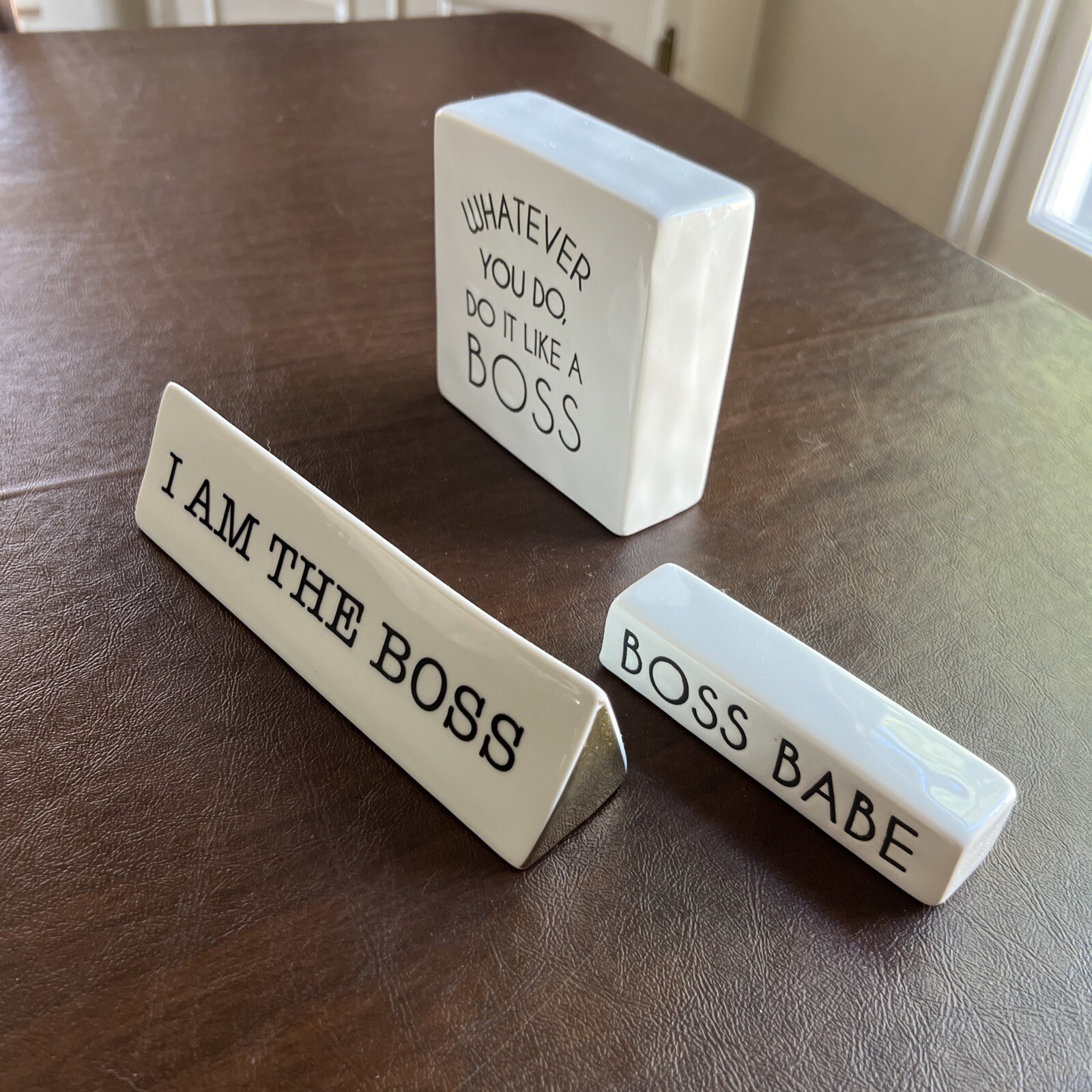 DECOR White Ceramic 3 BOSS Glossy Desk Plaques Set Of 3