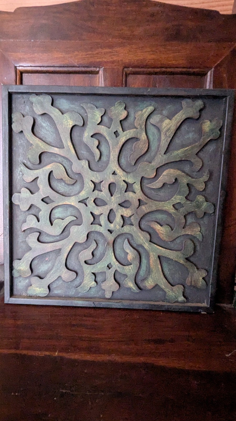 Square Wood Wall Plaque 12×12 Traditional Floral Decorative Brown Black Green
