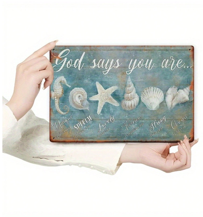 Vintage Coastal Metal Wall Art Bible Verse Seashell Starfish Beach Sign