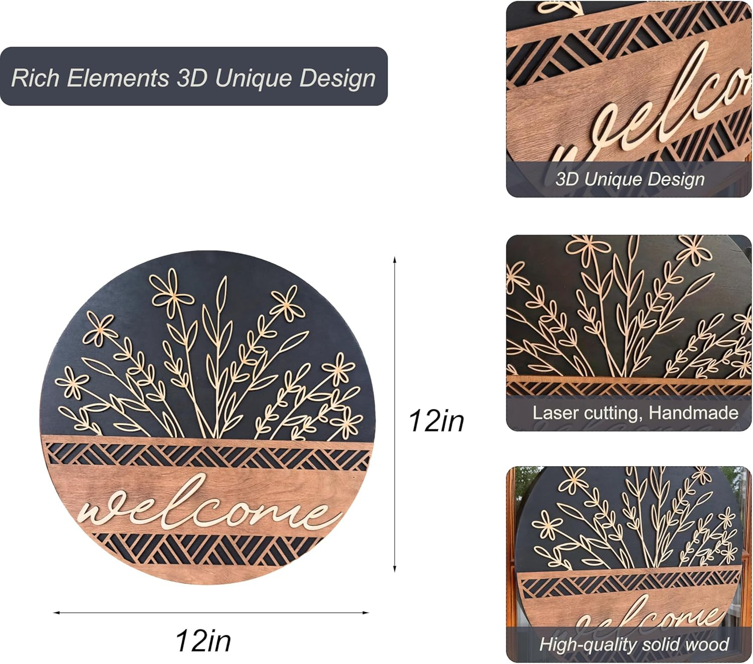 3D Welcome Sign for Front Door, Rustic round Wood Wreaths Wall Hanging Modern