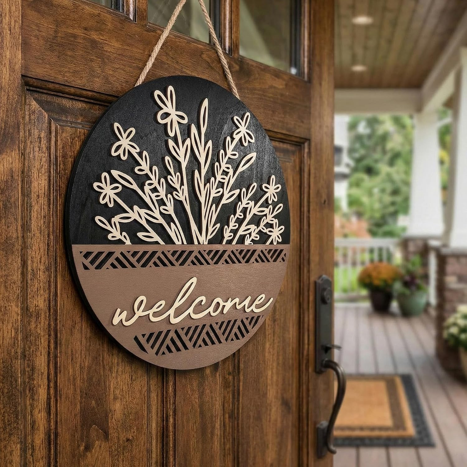 3D 17.7″ Welcome Sign for Front Door, Large Black Wooden Flower Door Hanger