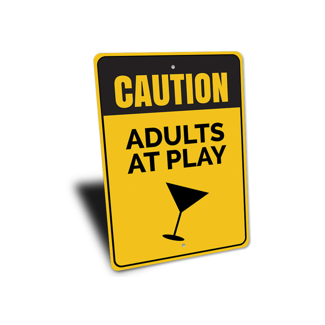 Caution: Adults at Play, Martini Cocktail Glass Bar Sign, Bar Metal Sign