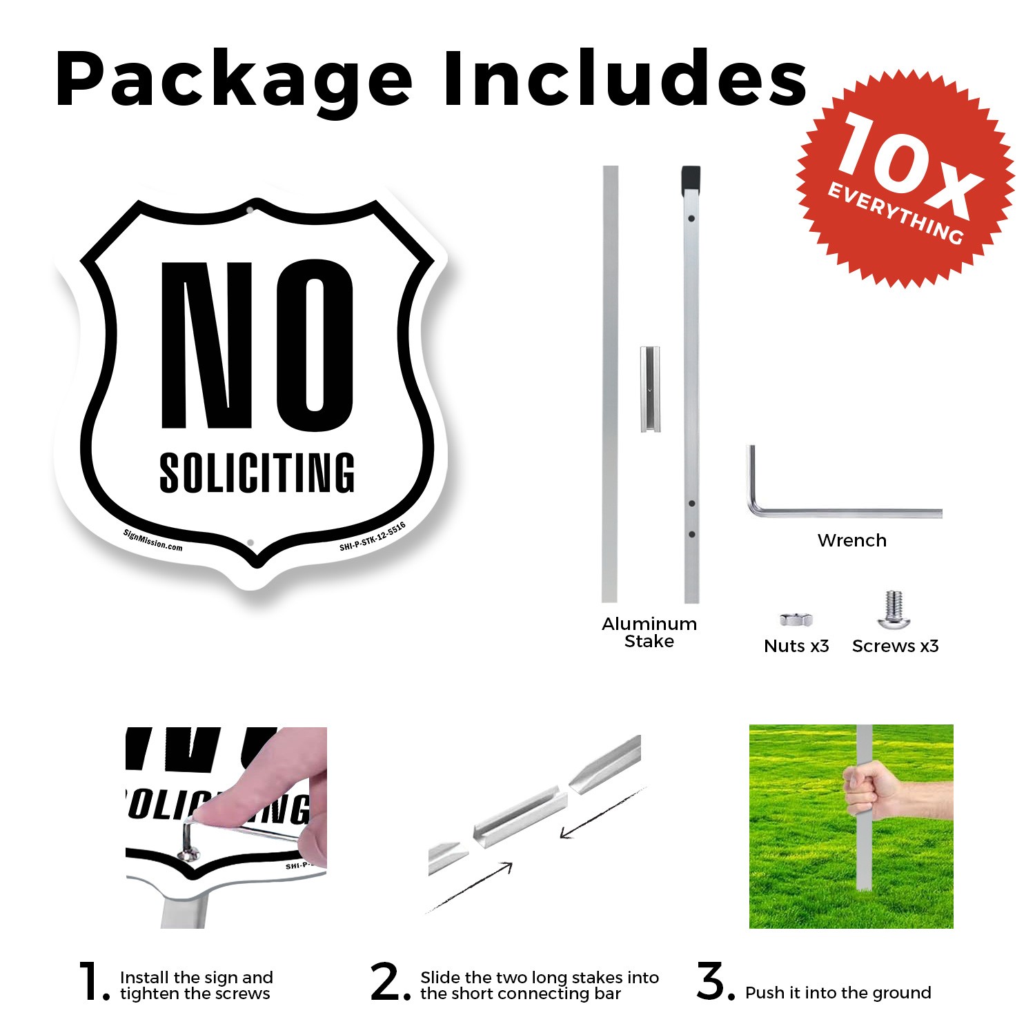 No Soliciting Shield Shaped Sign With Stake Weather Resistant Crafted in the USA