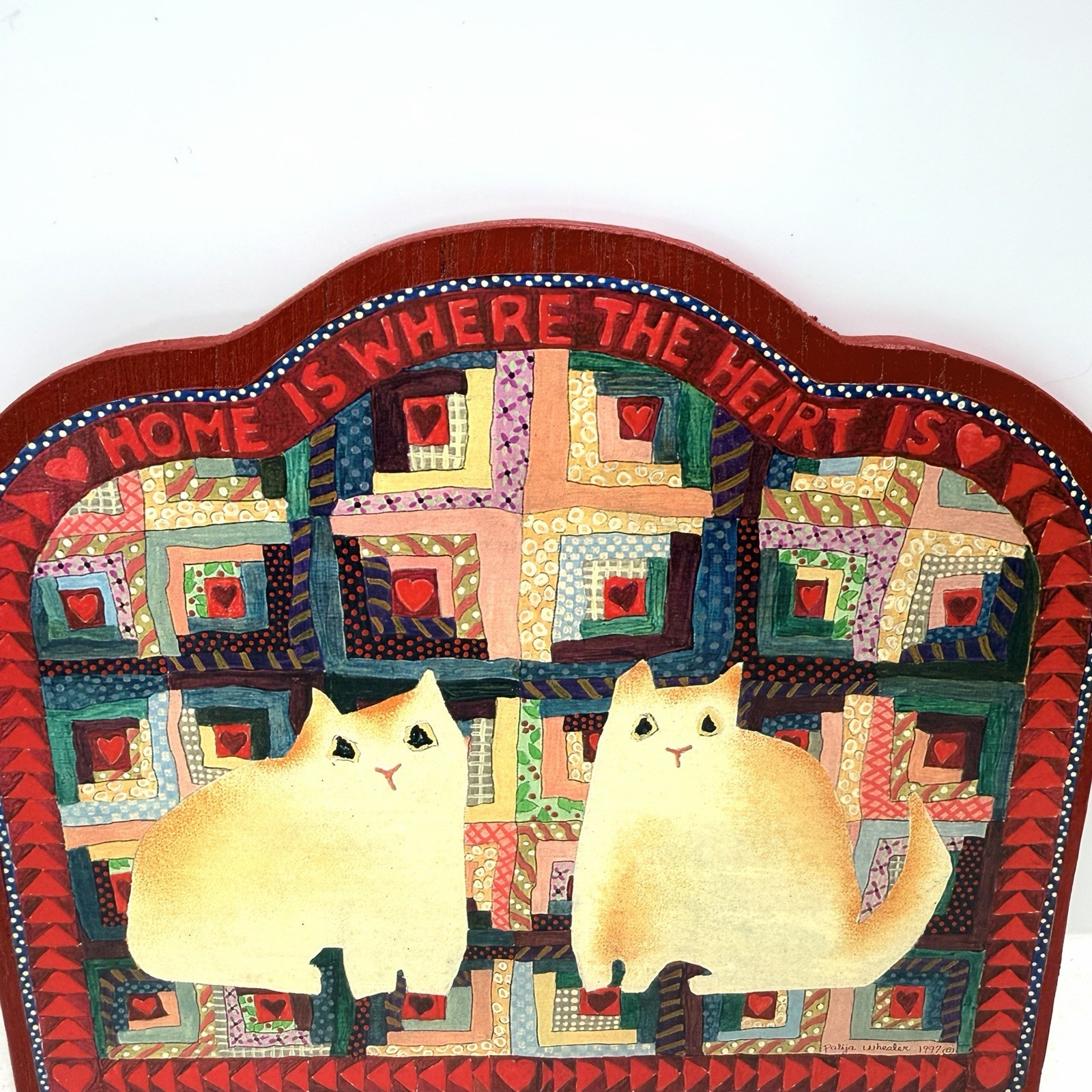 Vintage Handmade Country Cats Wooden Folk Art Plaque -Home Is Where The Heart Is