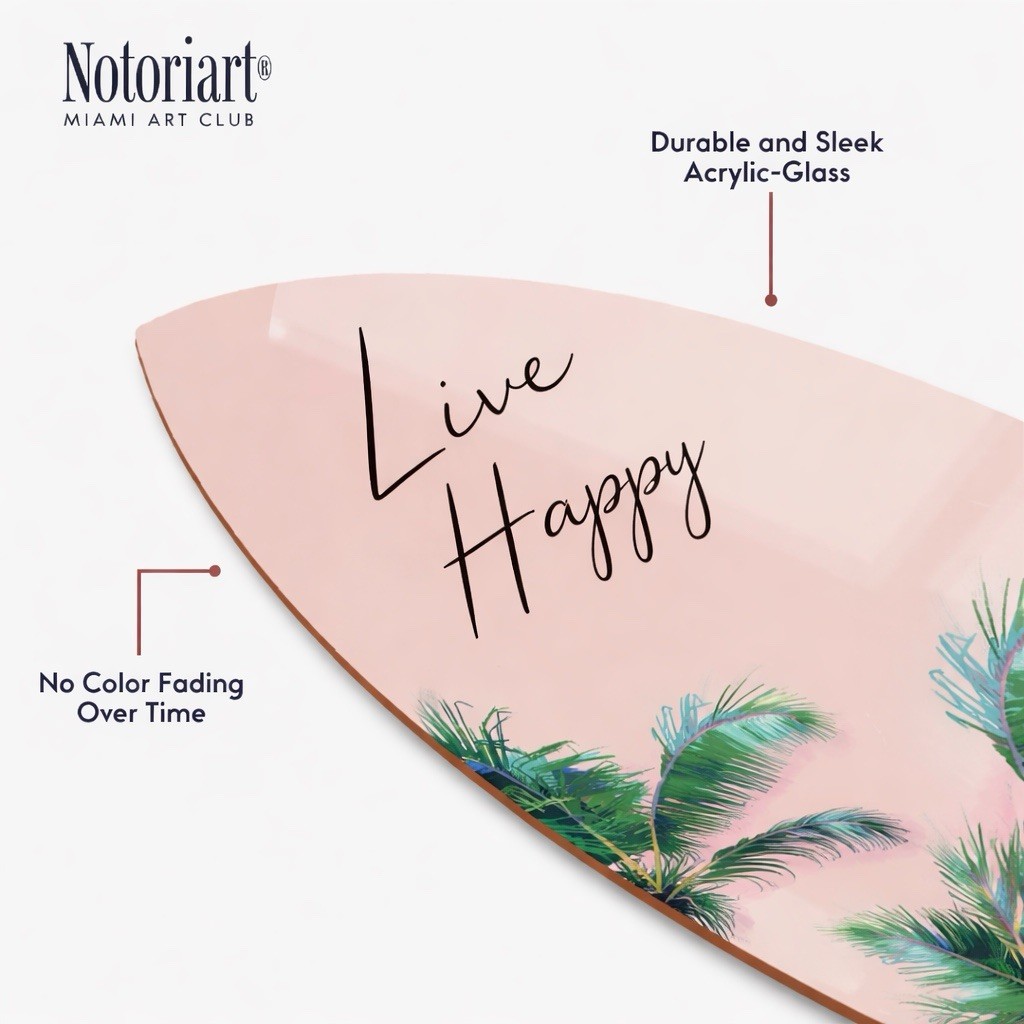 Notoriart Acrylic-Glass Surfboard Wall Sign Pink Palm Tree Tropical Art 60x14in