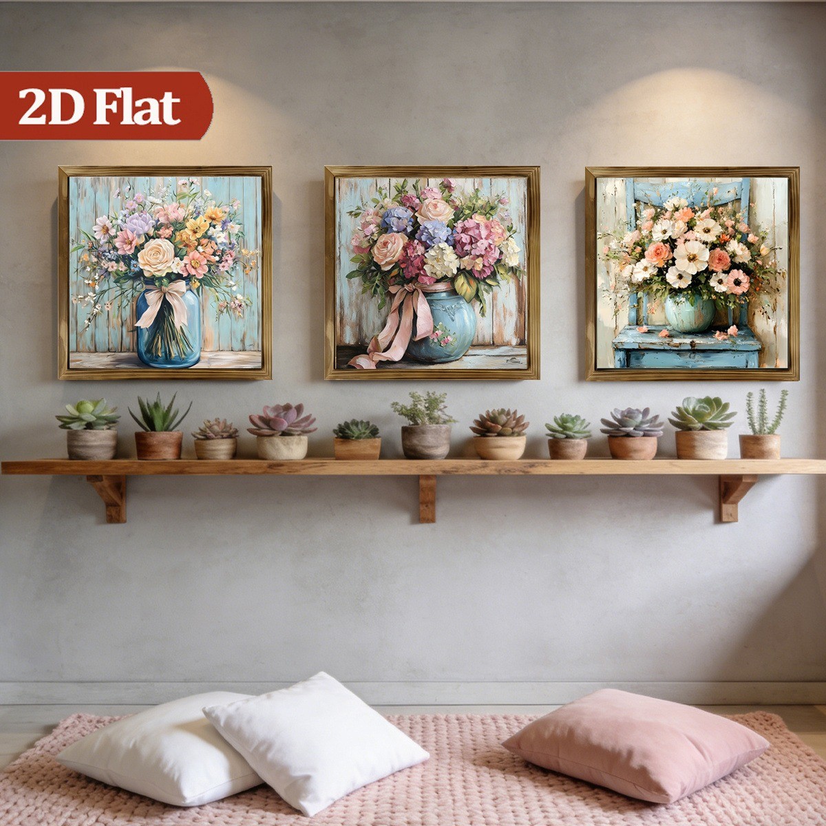 3Pcs Rustic Rose Hydrangea Still Life Wooden Sign Framed Floral Bathroom Decor
