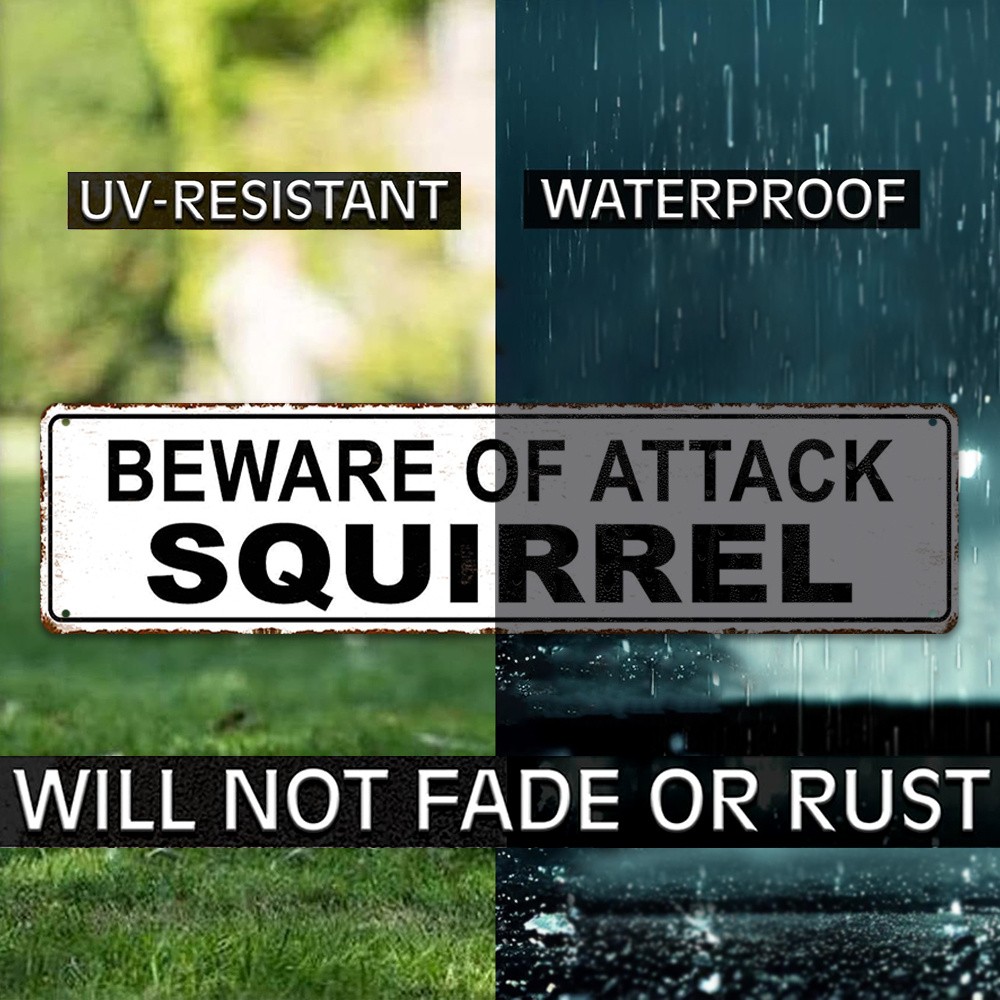 Beware Of Attack Squirrel Vintage White Metal Sign Funny Yard Outdoor Wall Decor