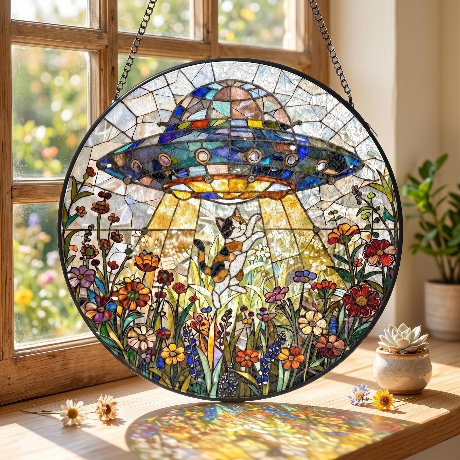 UFO Abduction Black Cat Suncatcher – Custom Alien Spaceship Window Decor