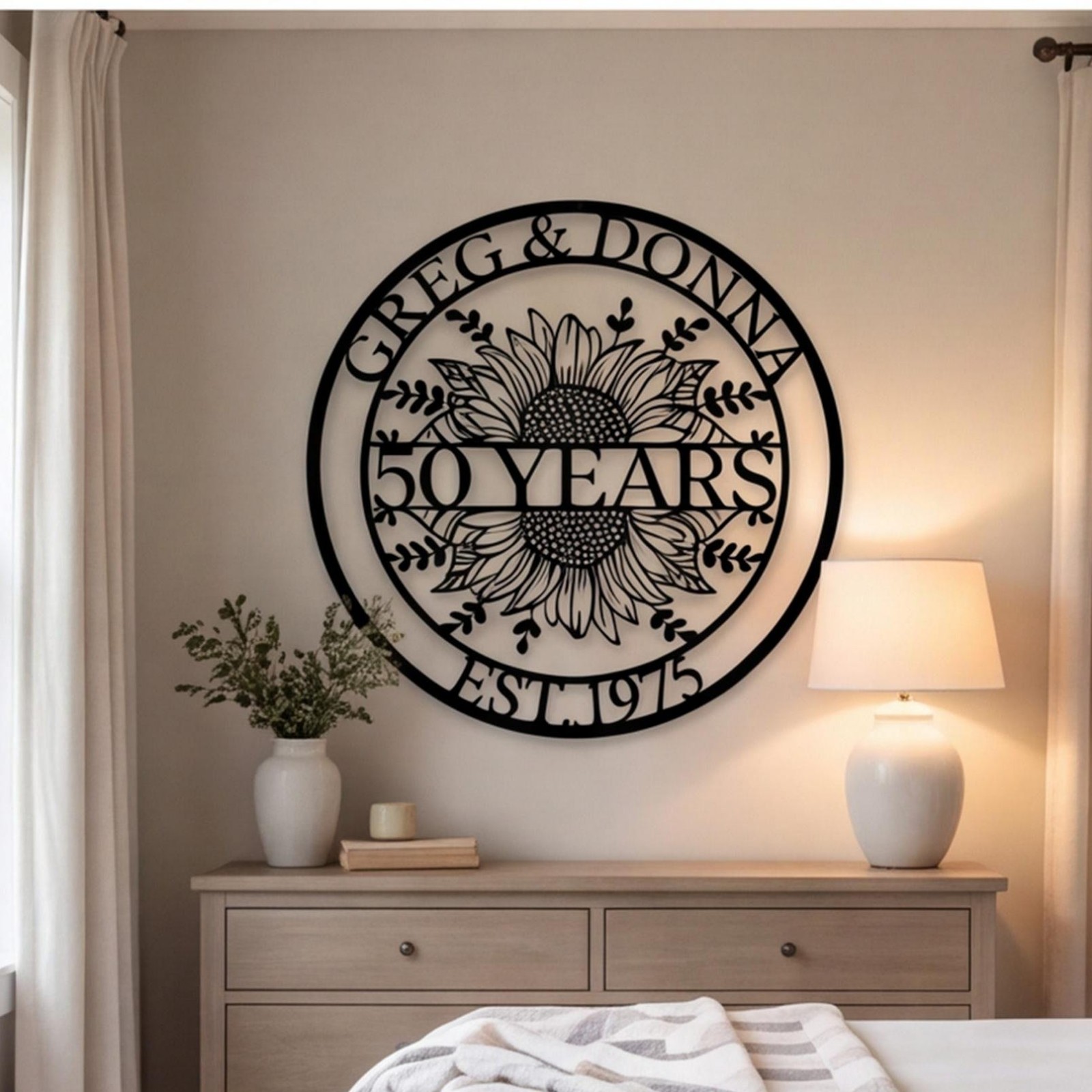 Personalized 50th Anniversary Metal Wall Art, Custom Sunflower Couple Sign