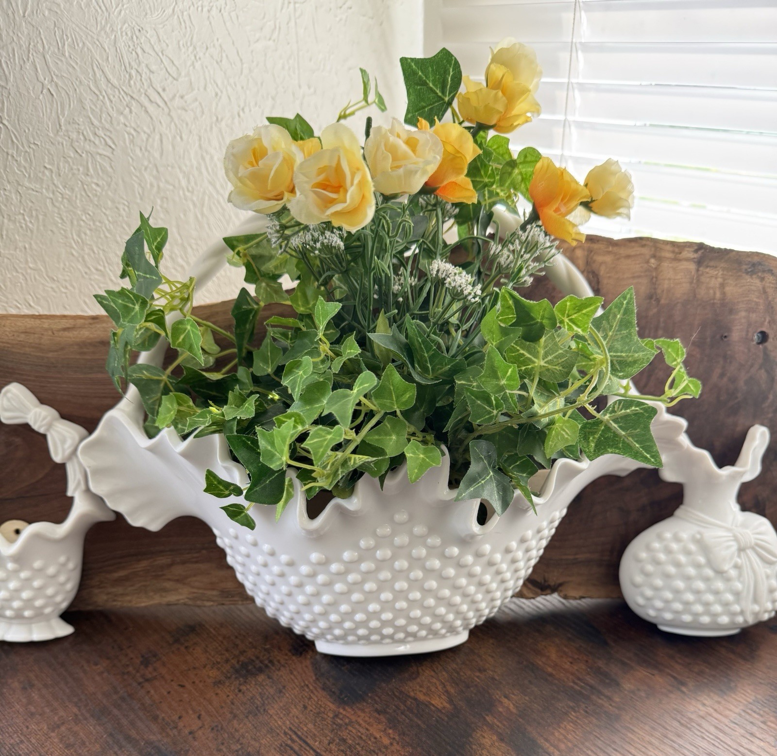 Vintage Burwood Hobnail Wall Decor Set White Basket Vase Plaque Cottagecore MCM