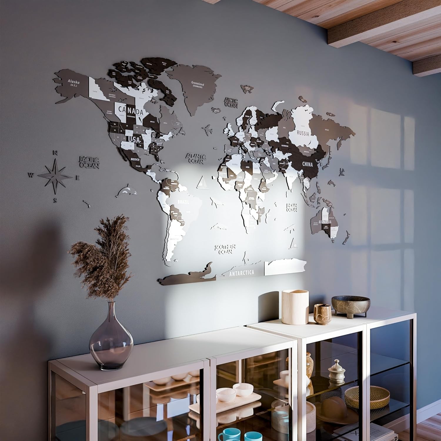 3D Wooden World Map Wall Art Unique Travel Pin Decor for Home Office Grey Medium