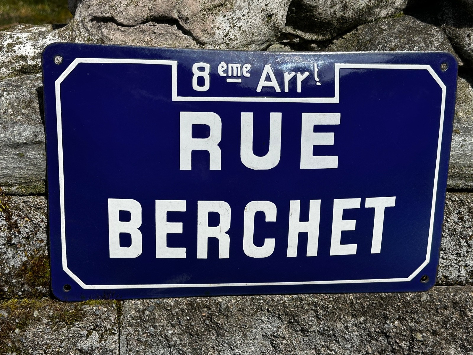 Vintage Blue & White Porcelain Enameled Metal Curved Street Sign from France