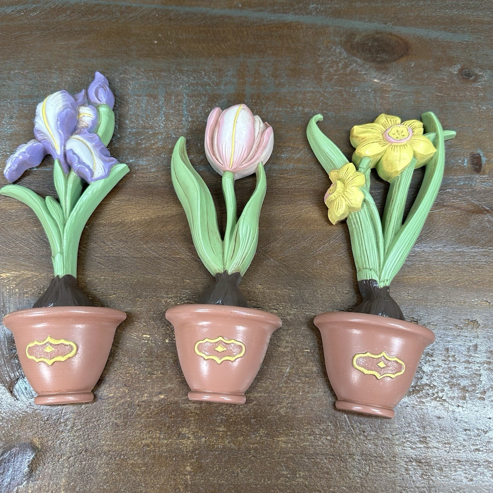 Vintage Homco Plastic Flower In Pots Wall Plaques / Wall Décor Made in USA 8”