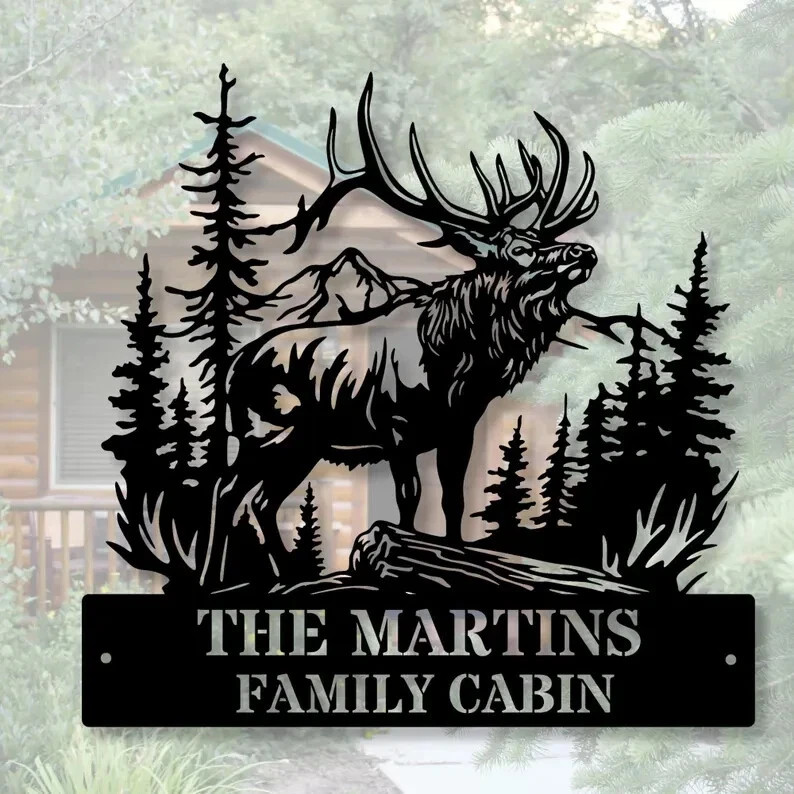 Personalized Elk Metal Sign Custom Family Name Monogram Wildlife Wall Art Decor