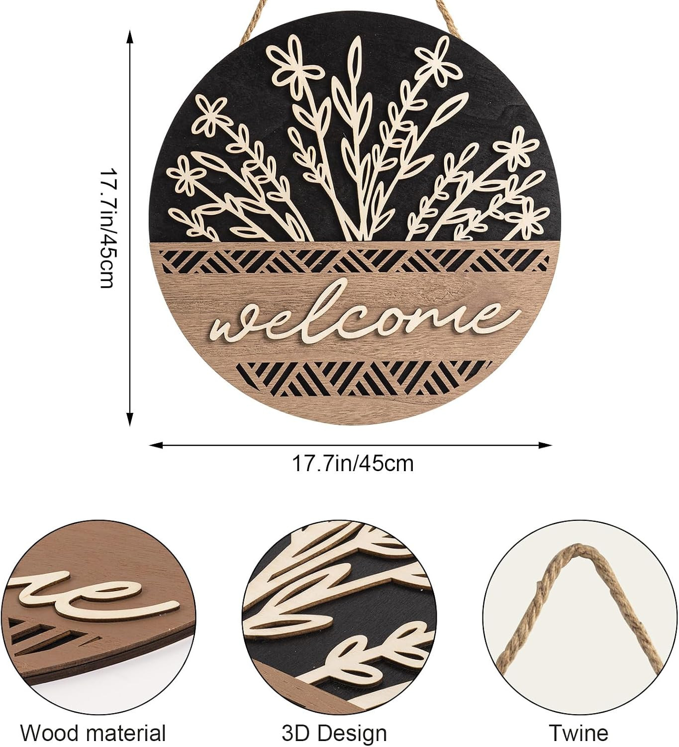 3D 17.7″ Welcome Sign for Front Door, Large Black Wooden Flower Door Hanger