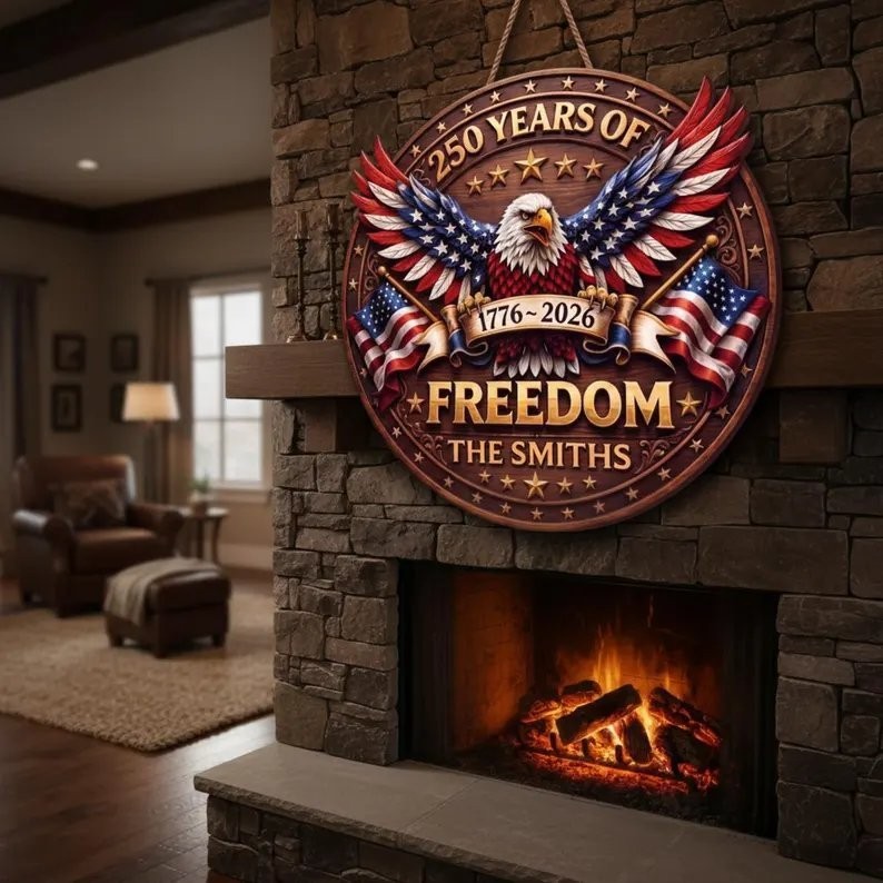 Personalized America 250 Years Wooden Sign, US Flag Eagle Door Hanger