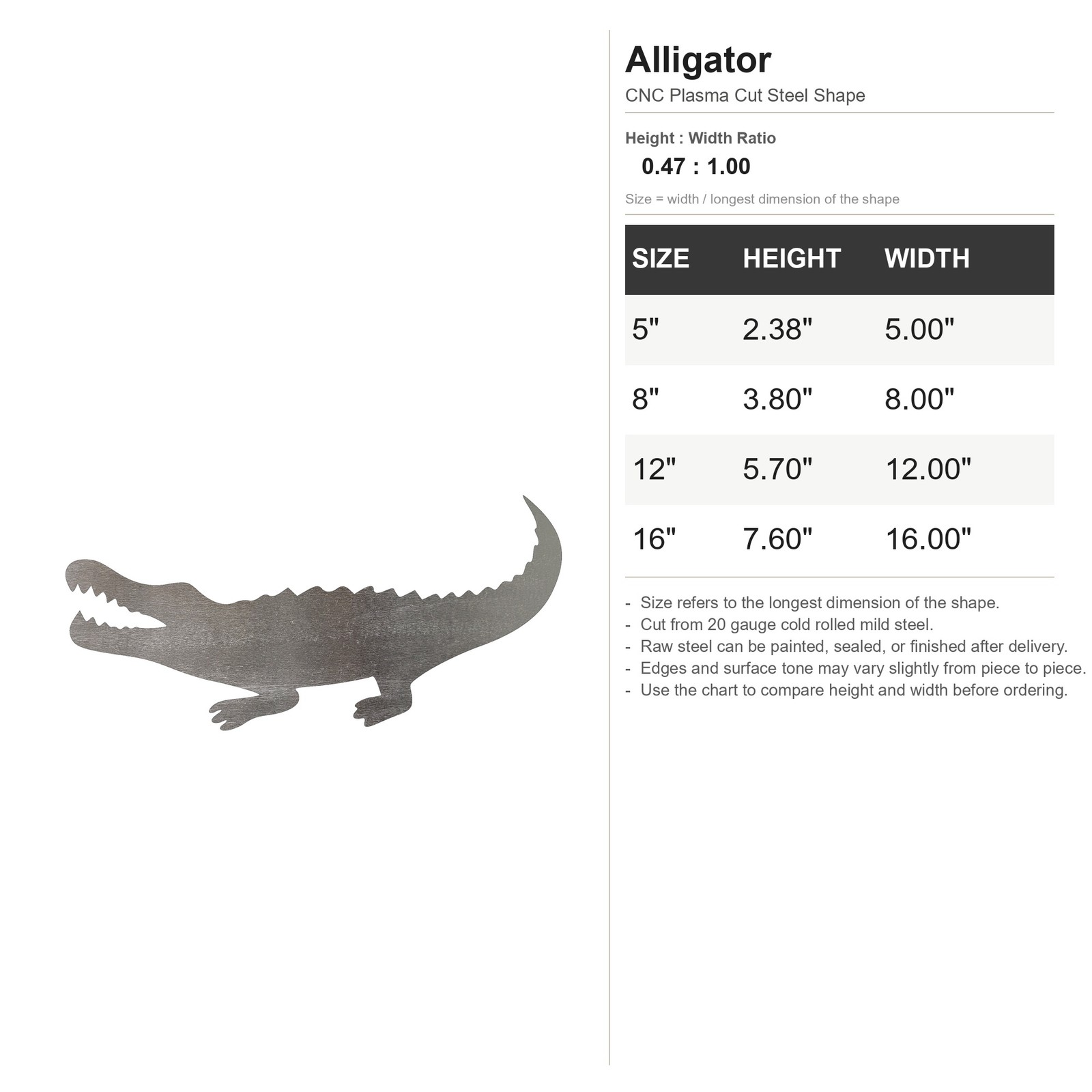 Alligator Steel Cutout Shape, Raw Metal Wall Art and Craft Supply